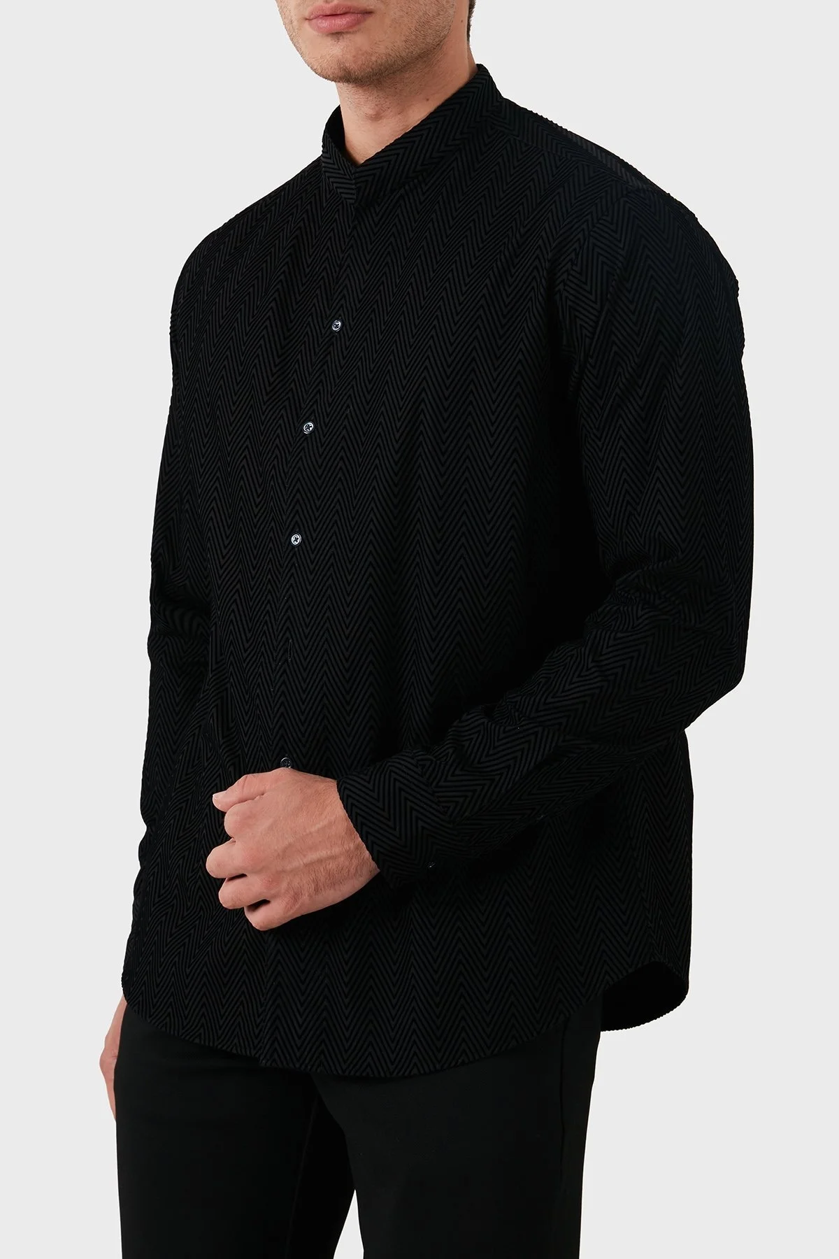 Emporio Armani Pamuklu Slim Fit Dik Yaka Erkek Gömlek EM000193 TE11327 F8023 SİYAH - 10