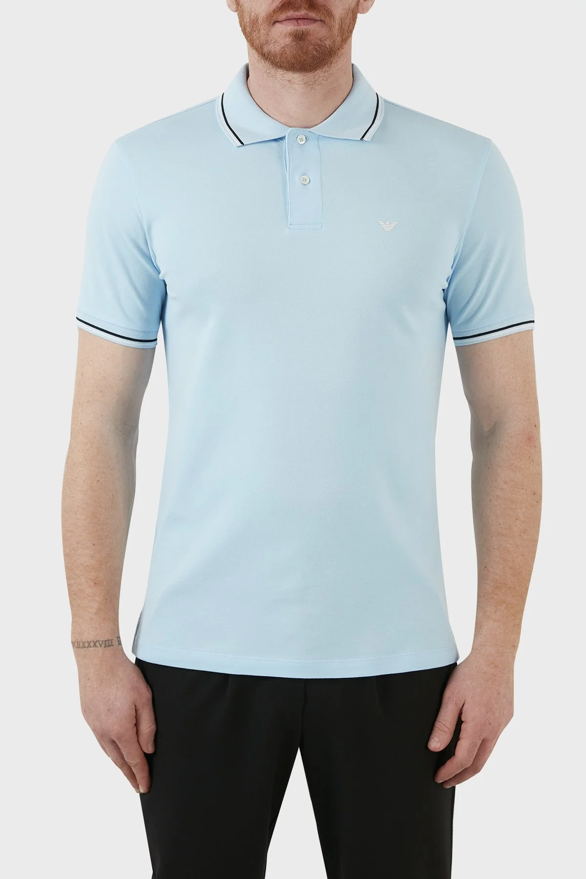 Emporio Armani Pamuklu Slim Fit Düğmeli T Shirt Erkek Polo 8N1FB3 1JPTZ 0781 AÇIK MAVİ - 1