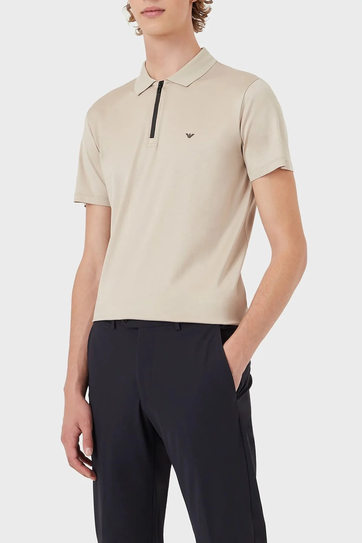 Emporio Armani Pamuklu Slim Fit Fermuarlı T Shirt Erkek Polo 3L1FAB 1JUVZ 0135 AÇIK BEJ - 1