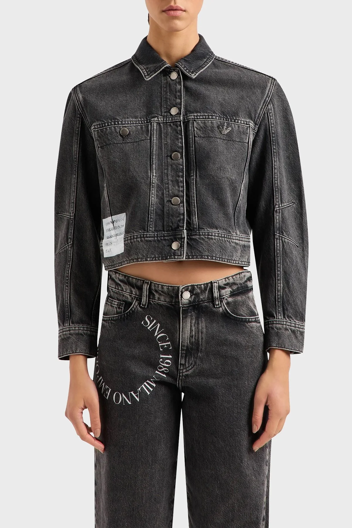 Emporio Armani Pamuklu Vintage Crop Bayan Kot Ceket 3D2B79 2DV5Z 0005 ANTRASİT - 1