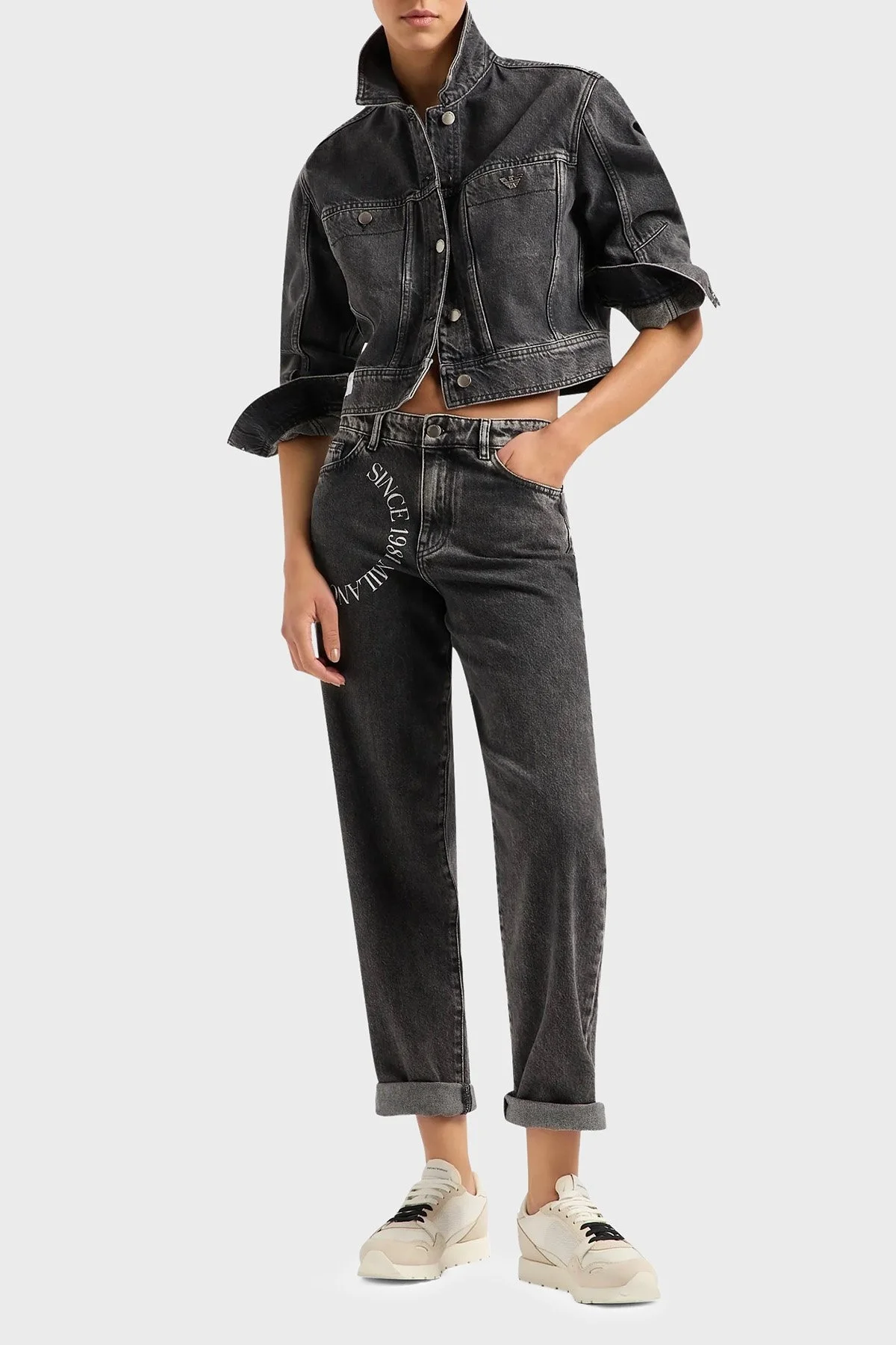 Emporio Armani Pamuklu Vintage Crop Bayan Kot Ceket 3D2B79 2DV5Z 0005 ANTRASİT - 3
