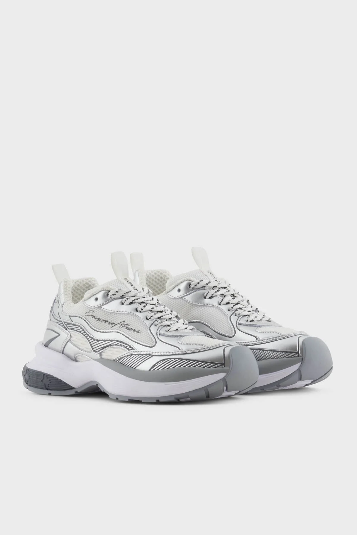 Emporio Armani Parlak Görünümlü Logolu Hakiki Deri Kalın Taban Bayan Ayakkabı X3X238 XR388 00520 GÜMÜŞ - 8