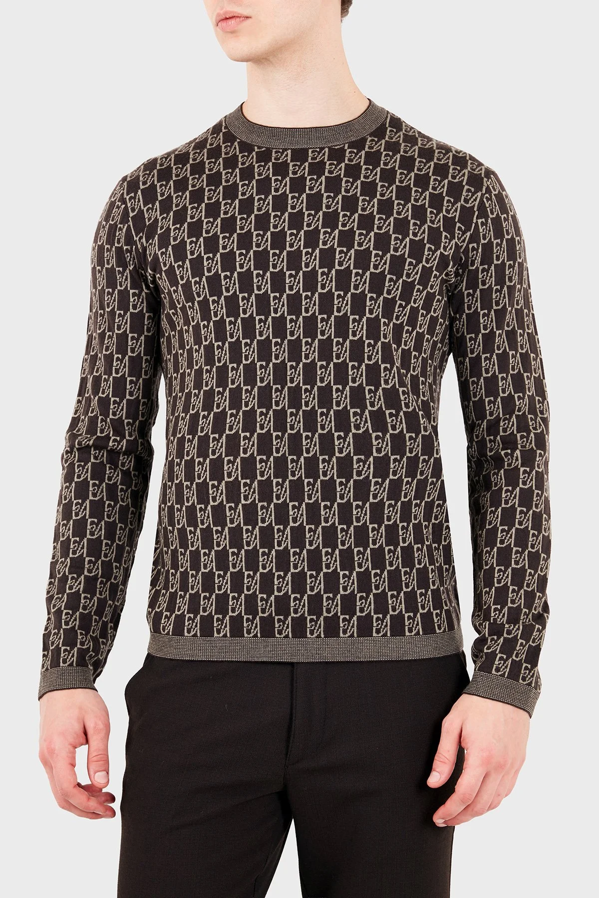 Emporio Armani Regular Fit Bisiklet Yaka Jakarlı Logolu Erkek Kazak EM006360 AF27946 F6023 Kahve - 2