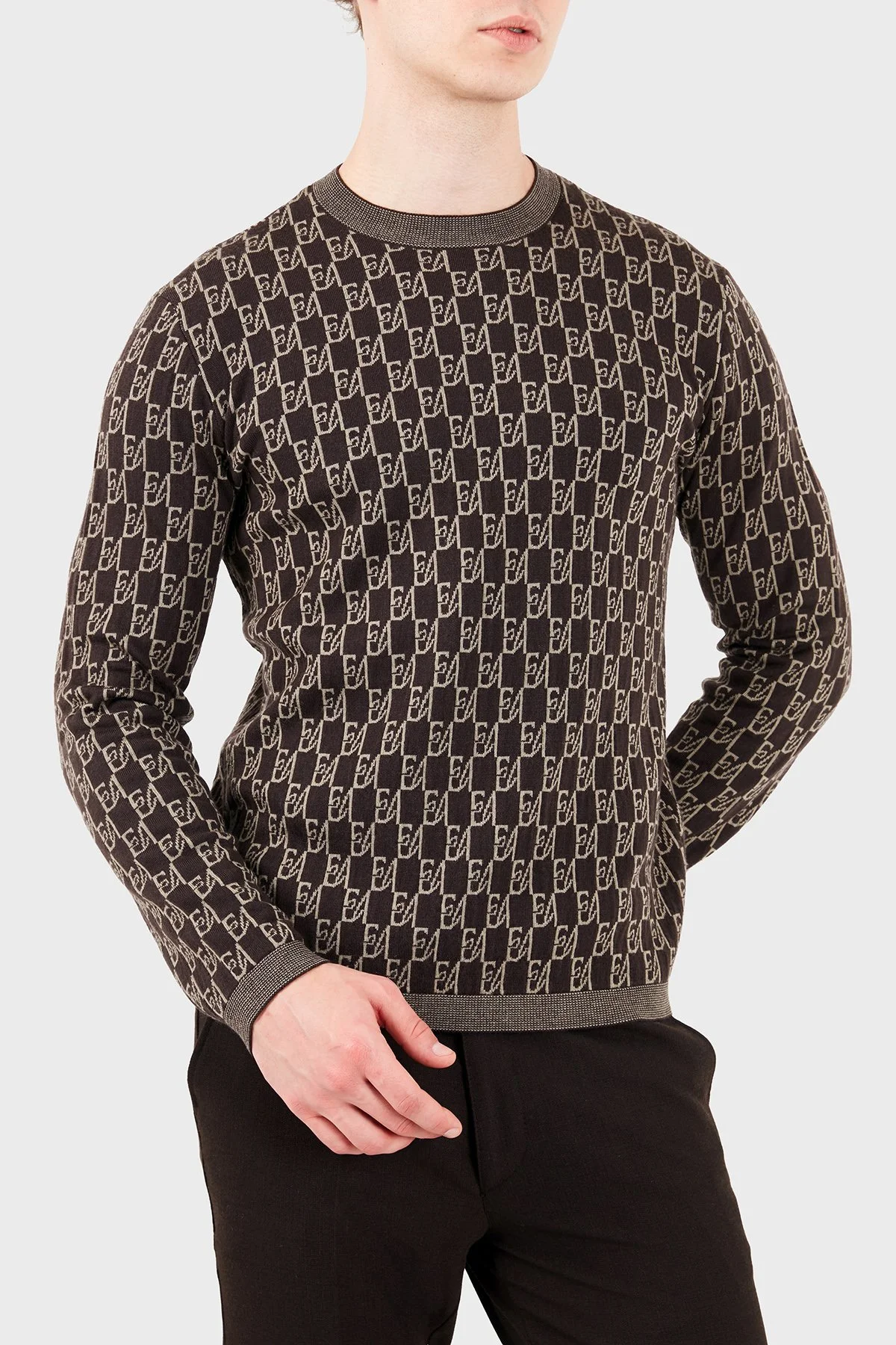 Emporio Armani Regular Fit Bisiklet Yaka Jakarlı Logolu Erkek Kazak EM006360 AF27946 F6023 Kahve - 3