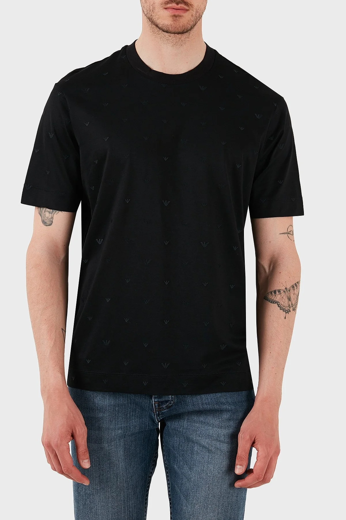 Emporio Armani Regular Fit Bisiklet Yaka Tamamı Logolu Erkek T Shirt EM001400 AF10017 FC185 SİYAH - 2