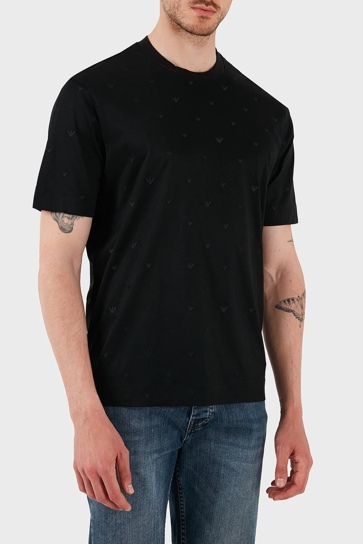 Emporio Armani Regular Fit Bisiklet Yaka Tamamı Logolu Erkek T Shirt EM001400 AF10017 FC185 SİYAH - 3