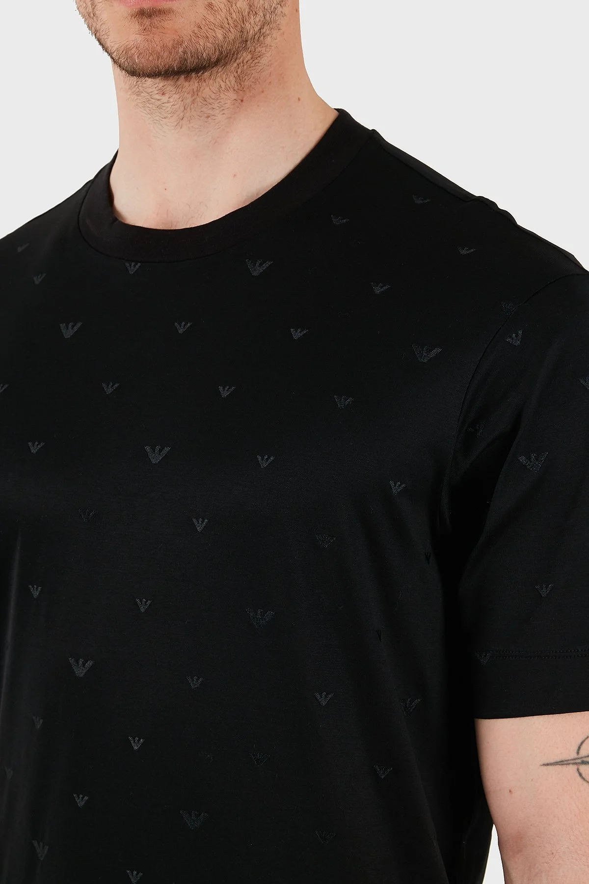 Emporio Armani Regular Fit Bisiklet Yaka Tamamı Logolu Erkek T Shirt EM001400 AF10017 FC185 SİYAH - 4