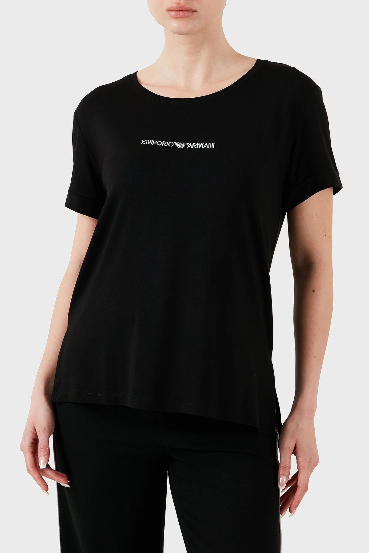 Emporio Armani Regular Fit Bisiklet Yaka Taş Logolu Bayan T Shirt EW000780 AF12192 UC001 SİYAH - 7