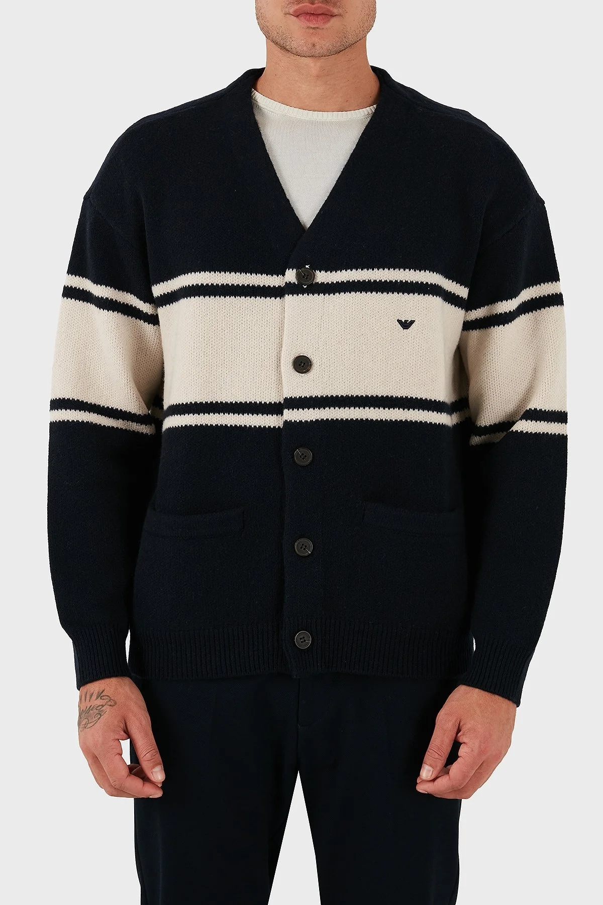 Emporio Armani Regular Fit Çizgili Logolu Yünlü Örme Erkek Hırka EM002310 AF19440 MB343 LACİVERT - 1