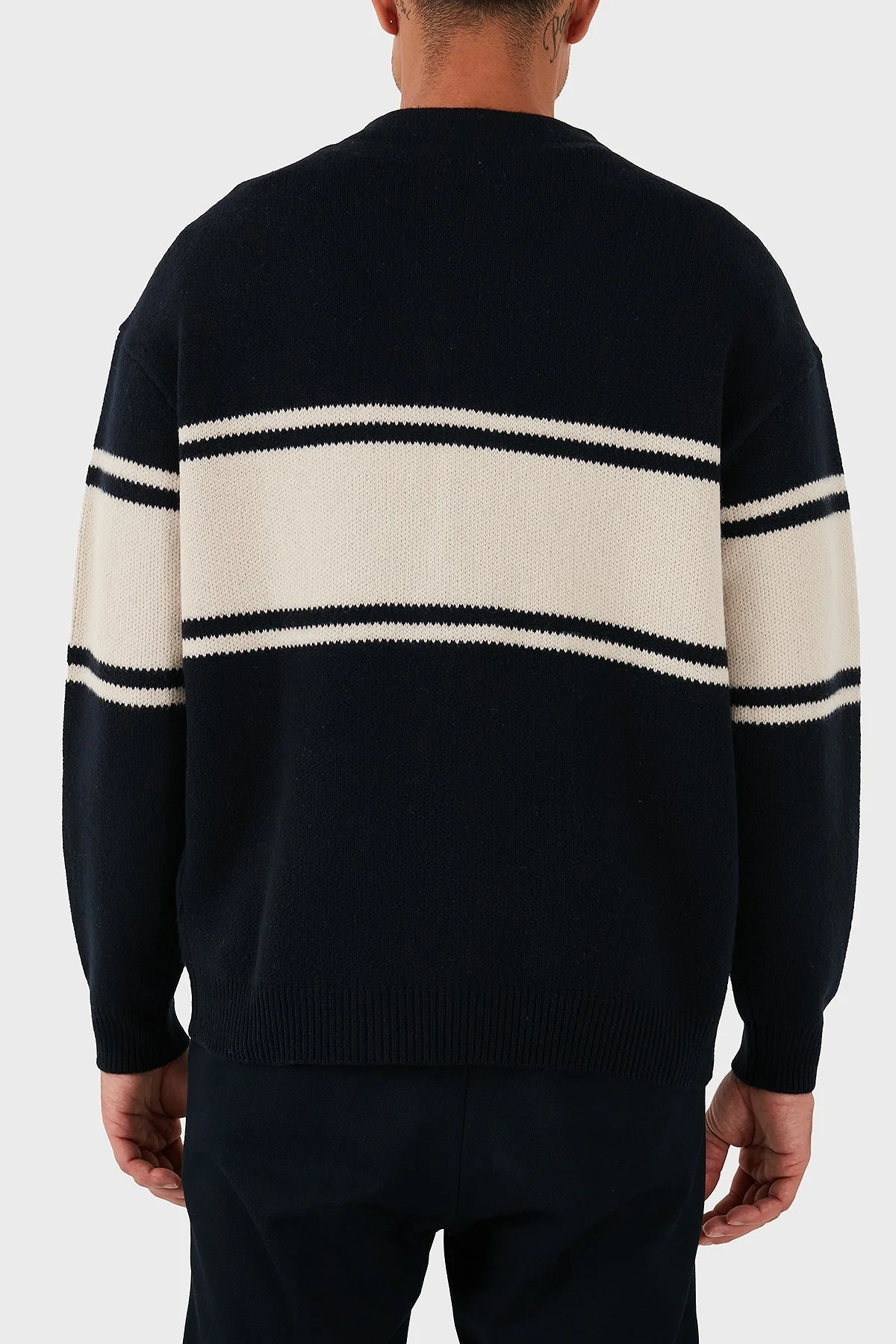 Emporio Armani Regular Fit Çizgili Logolu Yünlü Örme Erkek Hırka EM002310 AF19440 MB343 LACİVERT - 2