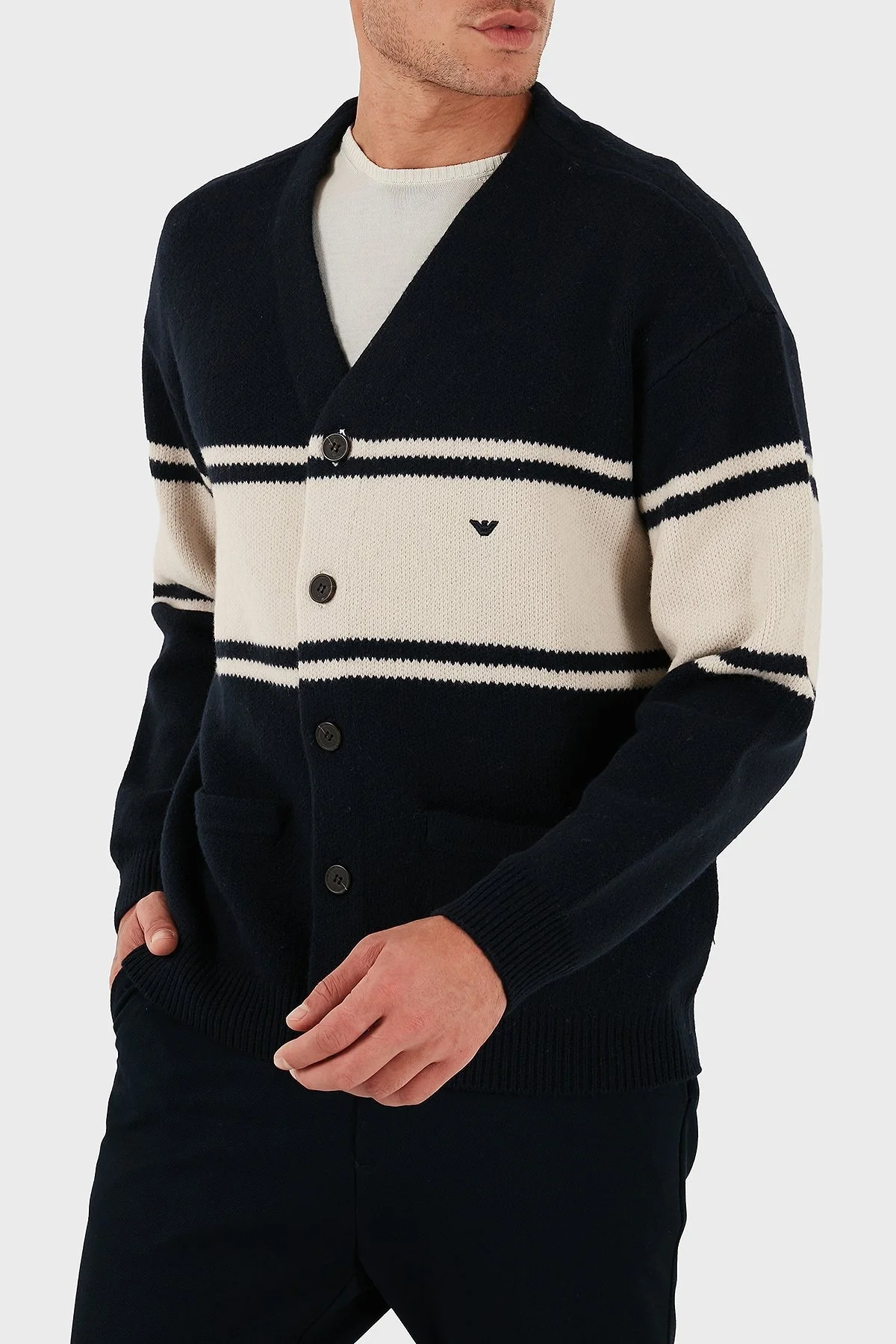 Emporio Armani Regular Fit Çizgili Logolu Yünlü Örme Erkek Hırka EM002310 AF19440 MB343 LACİVERT - 3