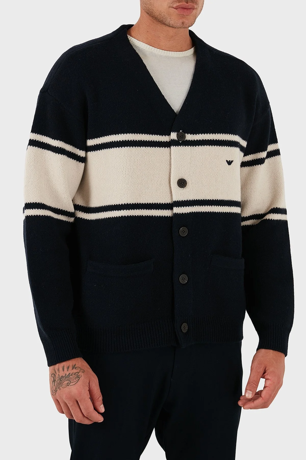 Emporio Armani Regular Fit Çizgili Logolu Yünlü Örme Erkek Hırka EM002310 AF19440 MB343 LACİVERT - 4