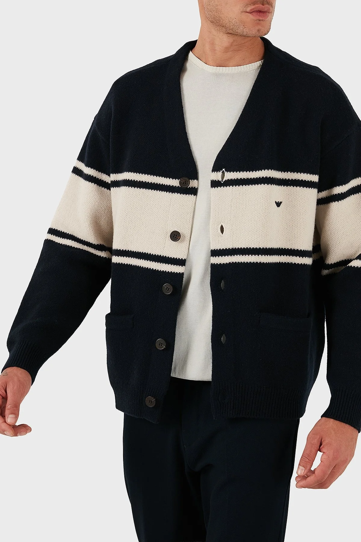 Emporio Armani Regular Fit Çizgili Logolu Yünlü Örme Erkek Hırka EM002310 AF19440 MB343 LACİVERT - 5