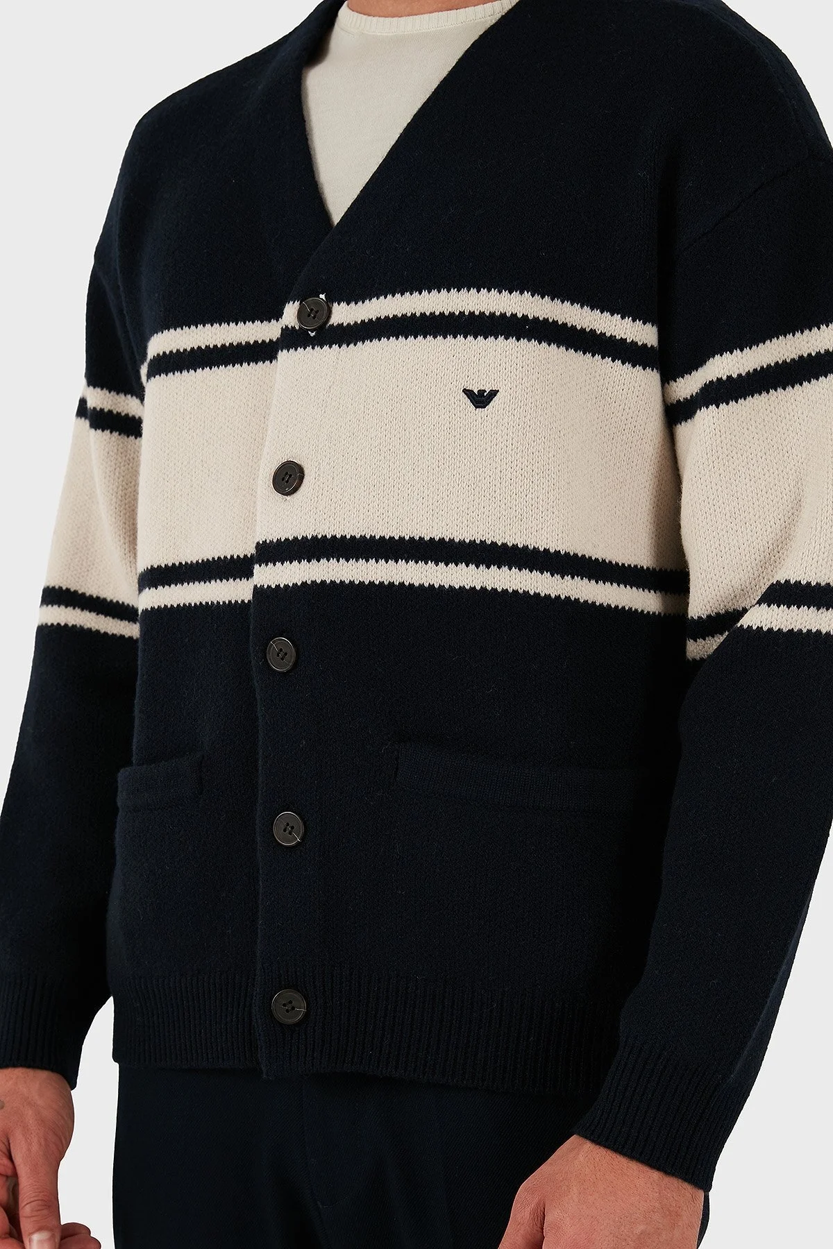 Emporio Armani Regular Fit Çizgili Logolu Yünlü Örme Erkek Hırka EM002310 AF19440 MB343 LACİVERT - 6