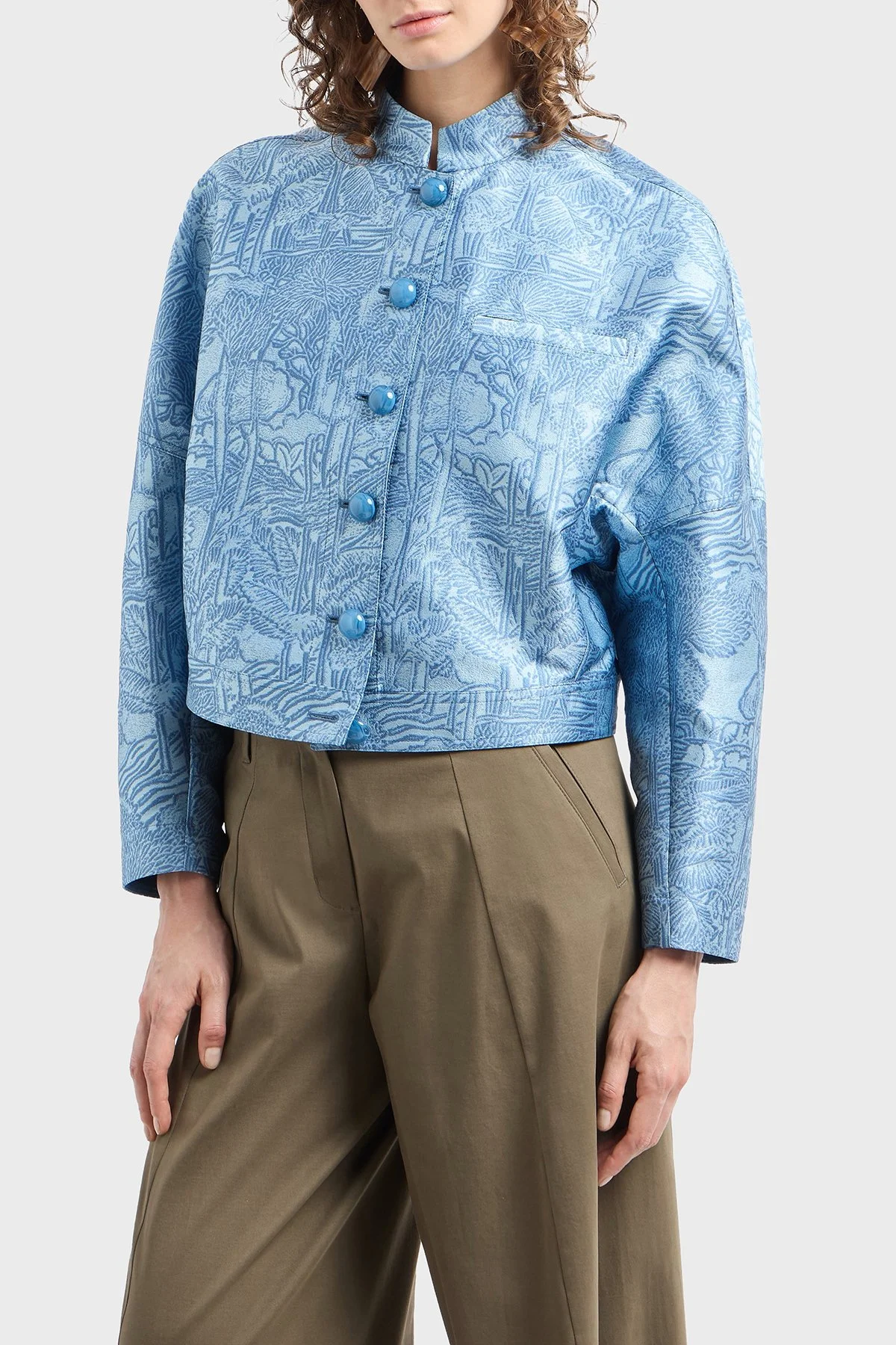 Emporio Armani Regular Fit Dik Yaka Tamamı Jakarlı Kadın Ceket EW001548 TE13445 F9024 AÇIK MAVİ - 1
