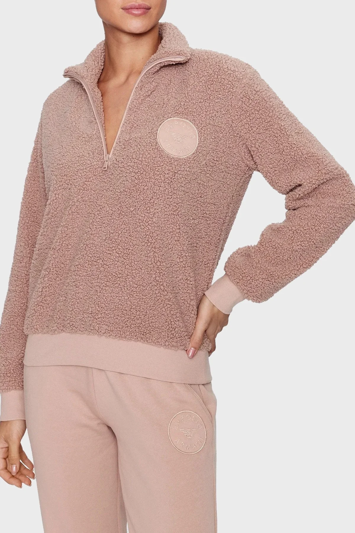 Emporio Armani Regular Fit Fermuarlı Dik Yaka Teddy Bayan Sweat 164764 3F256 00455 PUDRA - 1