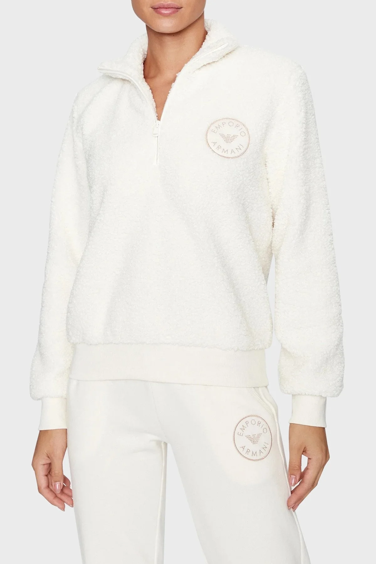 Emporio Armani Regular Fit Fermuarlı Dik Yaka Teddy Bayan Sweat 164764 3F256 09210 EKRU - 1