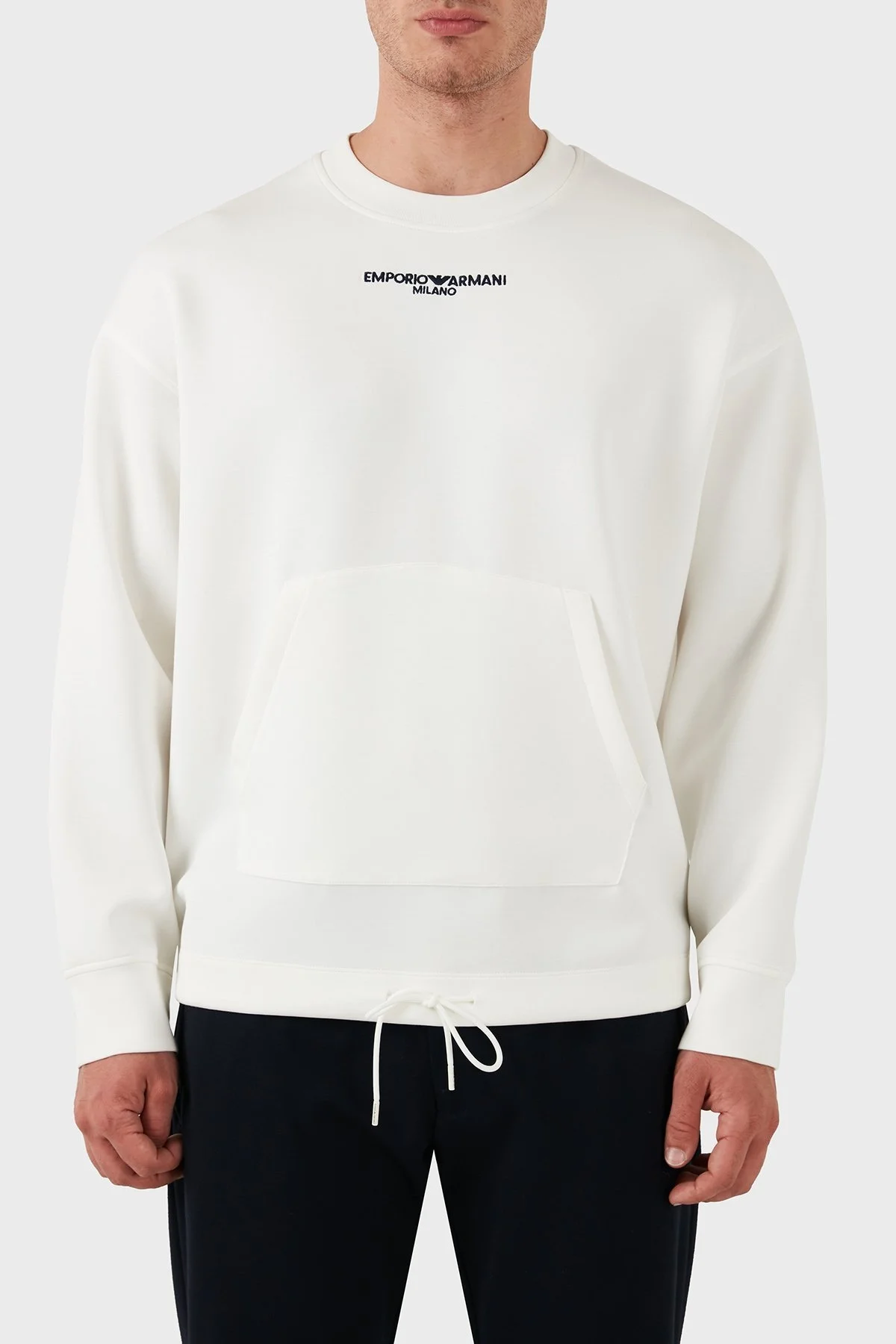 Emporio Armani Regular Fit Kanguru Cep Bisiklet Yaka Logolu Erkek Sweat 6D1MC1 1JRRZ 0101 BEYAZ - 1