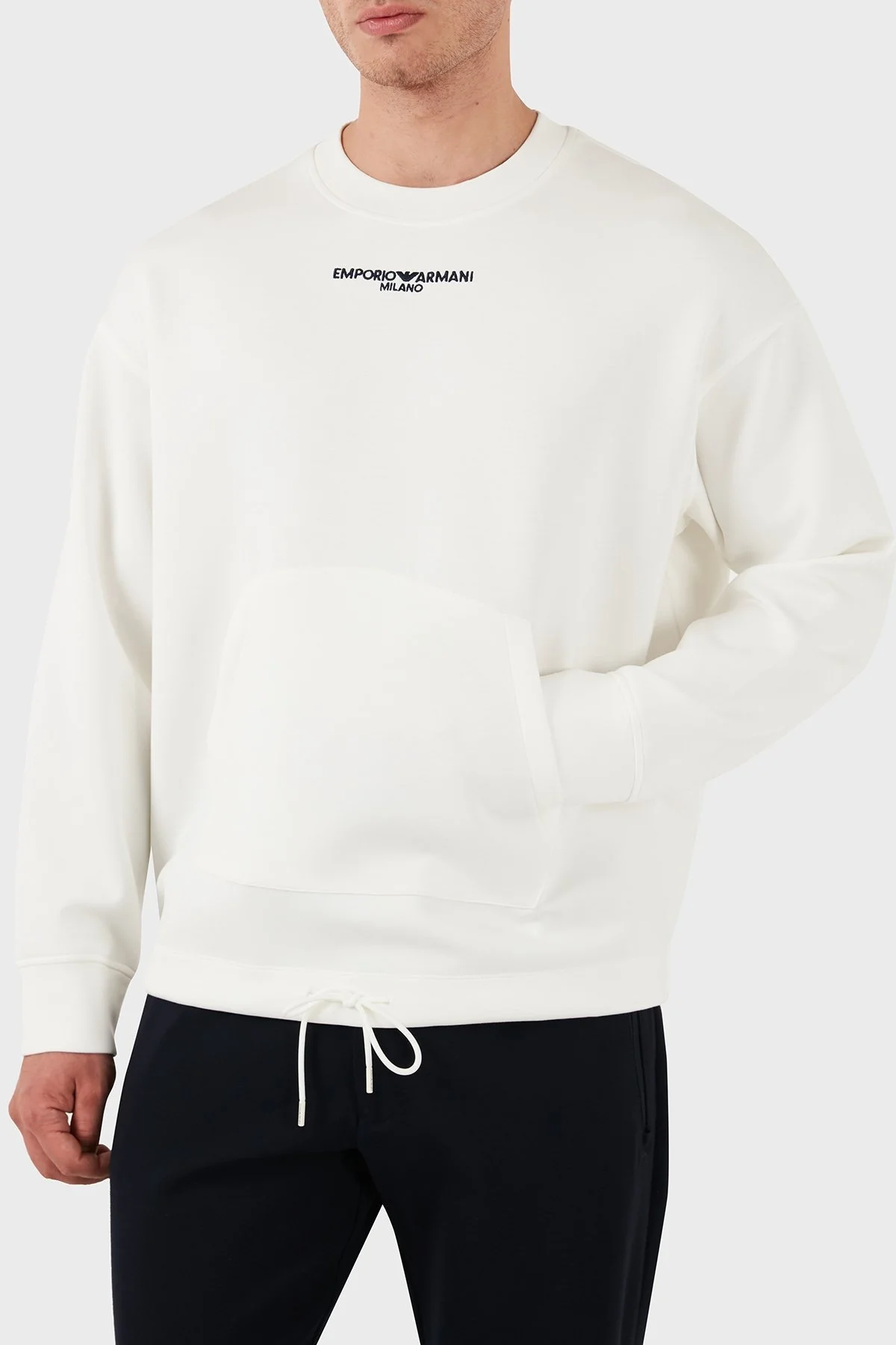 Emporio Armani Regular Fit Kanguru Cep Bisiklet Yaka Logolu Erkek Sweat 6D1MC1 1JRRZ 0101 BEYAZ - 6
