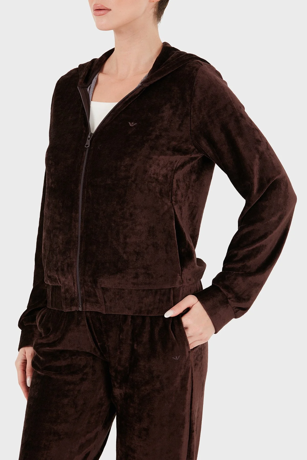 Emporio Armani Regular Fit Kapüşonlu Logolu Kadife Dokulu Kadın Eşofman Takımı EW004748 AF26228 U6279 Kahve - 4