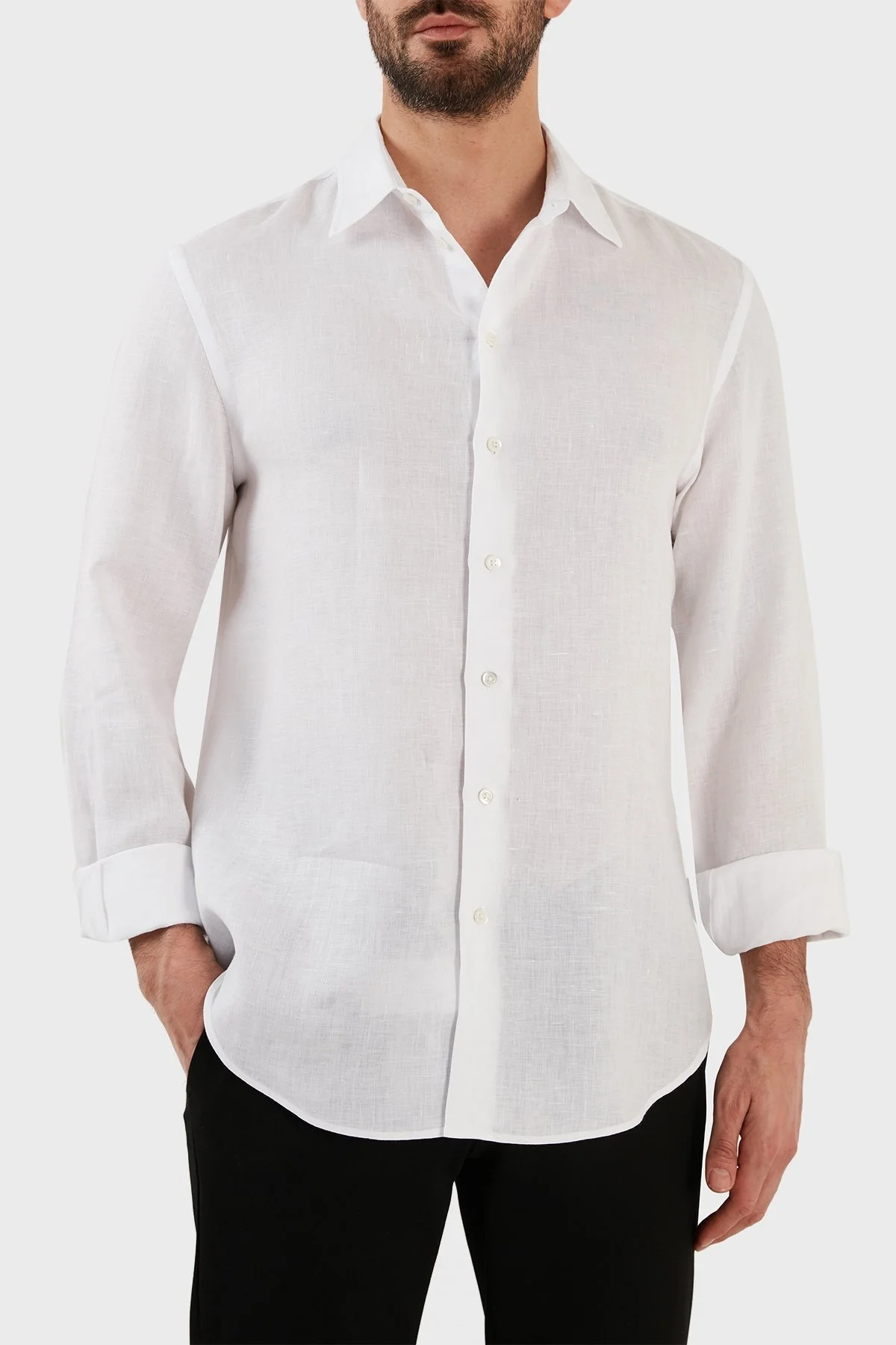Emporio Armani Regular Fit Uzun Kollu Keten Erkek Gömlek D41SM0 D10F9 100 BEYAZ - 1