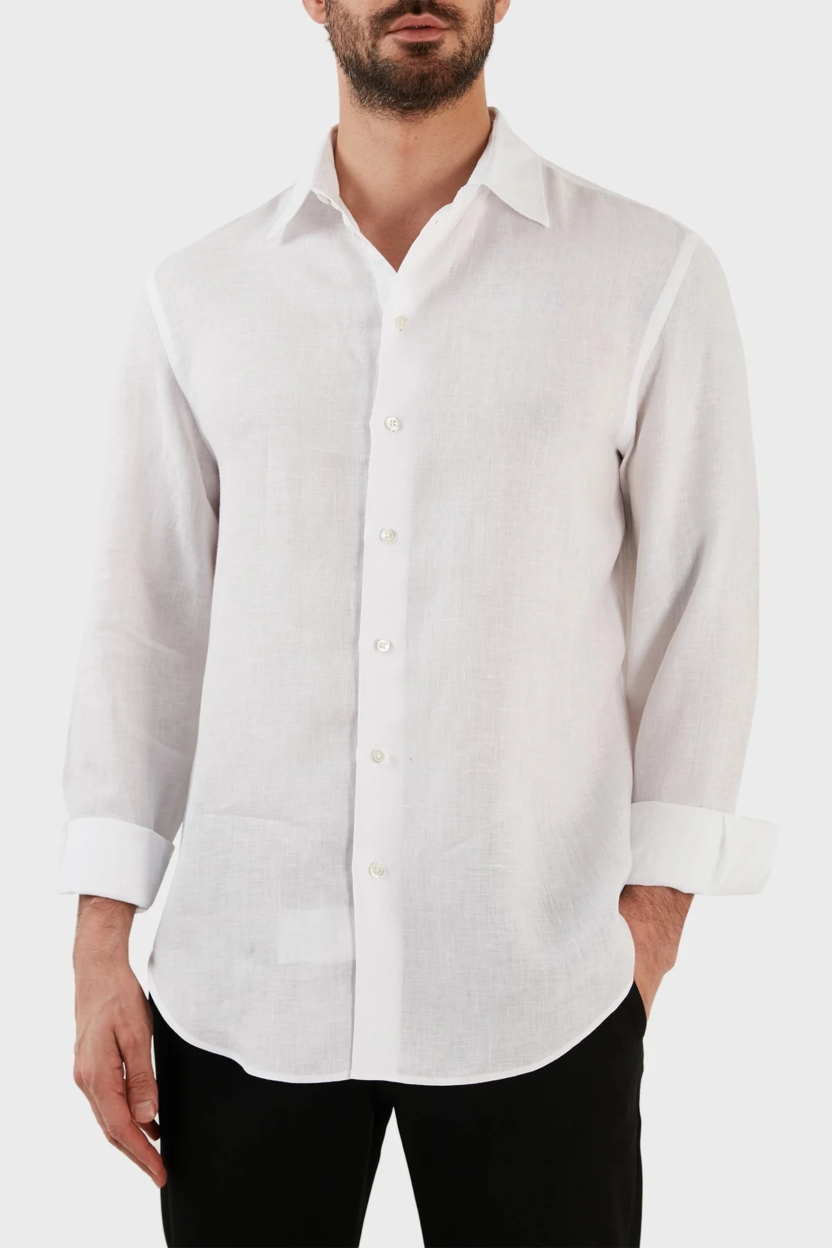 Emporio Armani Regular Fit Uzun Kollu Keten Erkek Gömlek D41SM0 D10F9 100 BEYAZ - 3
