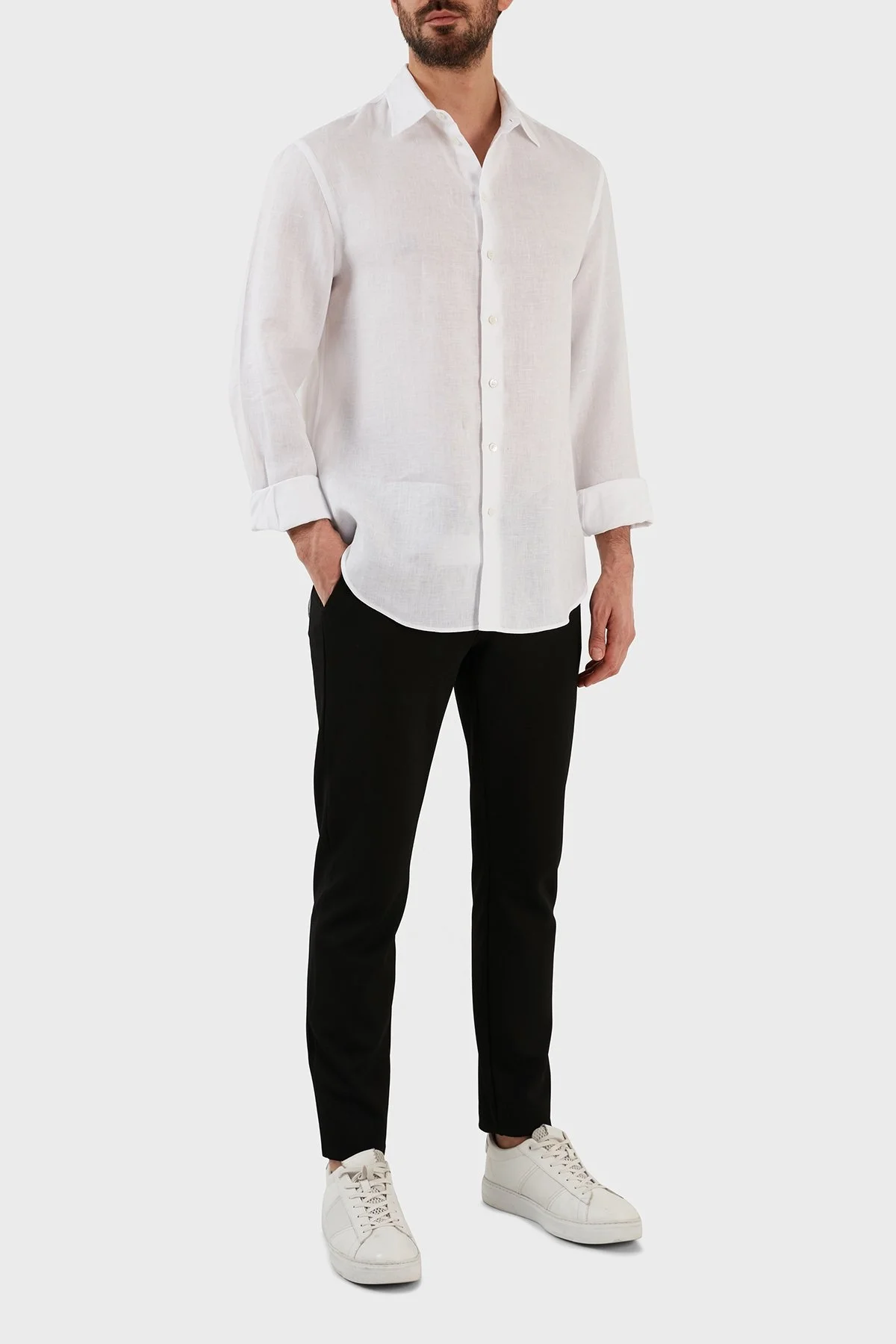 Emporio Armani Regular Fit Uzun Kollu Keten Erkek Gömlek D41SM0 D10F9 100 BEYAZ - 5