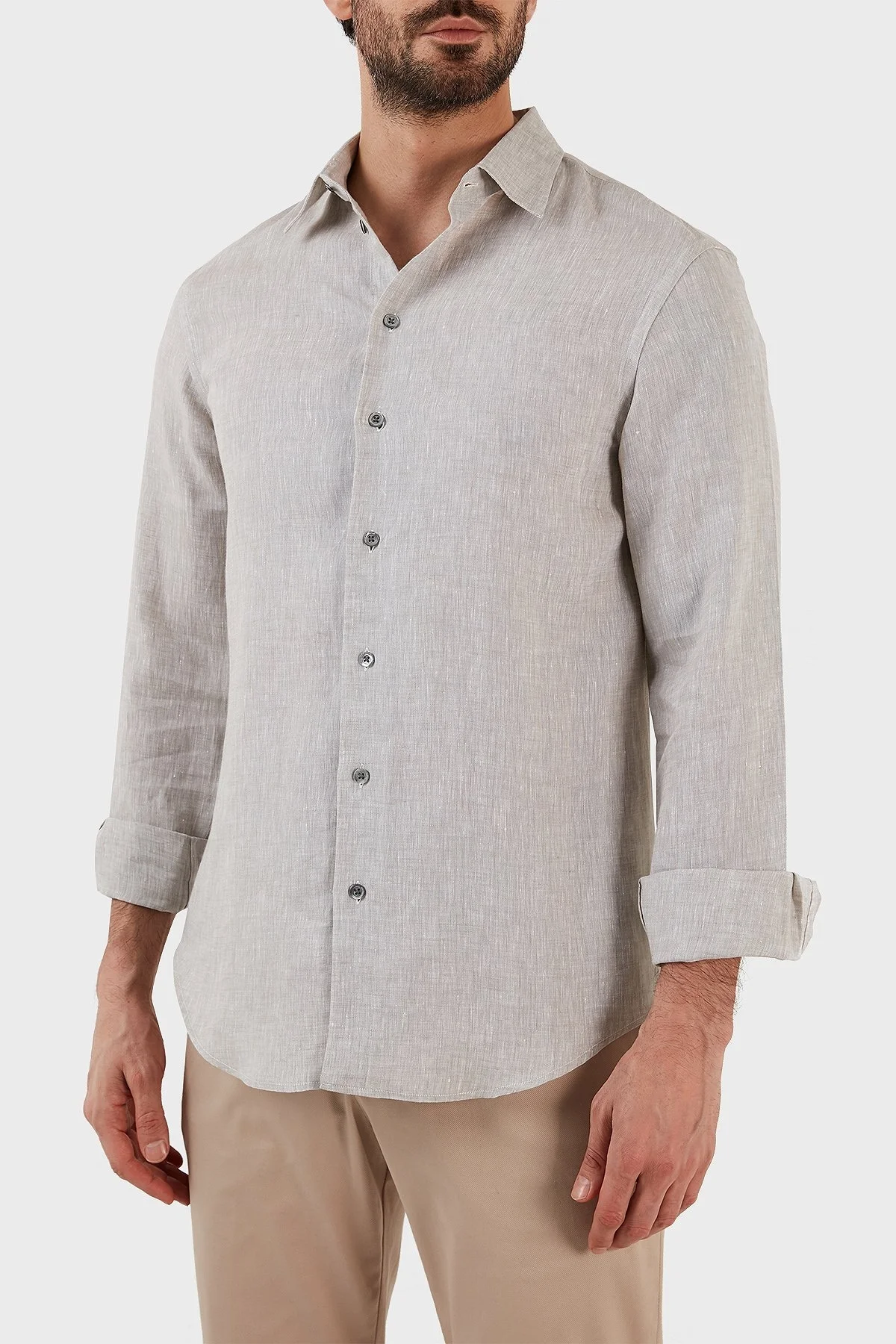 Emporio Armani Regular Fit Uzun Kollu Keten Erkek Gömlek D41SM0 D10F9 600 AÇIK GRİ - 2