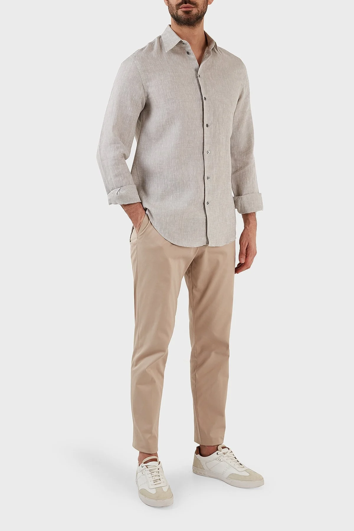 Emporio Armani Regular Fit Uzun Kollu Keten Erkek Gömlek D41SM0 D10F9 600 AÇIK GRİ - 3