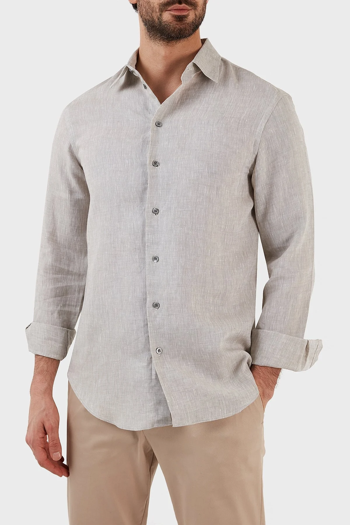 Emporio Armani Regular Fit Uzun Kollu Keten Erkek Gömlek D41SM0 D10F9 600 AÇIK GRİ - 4