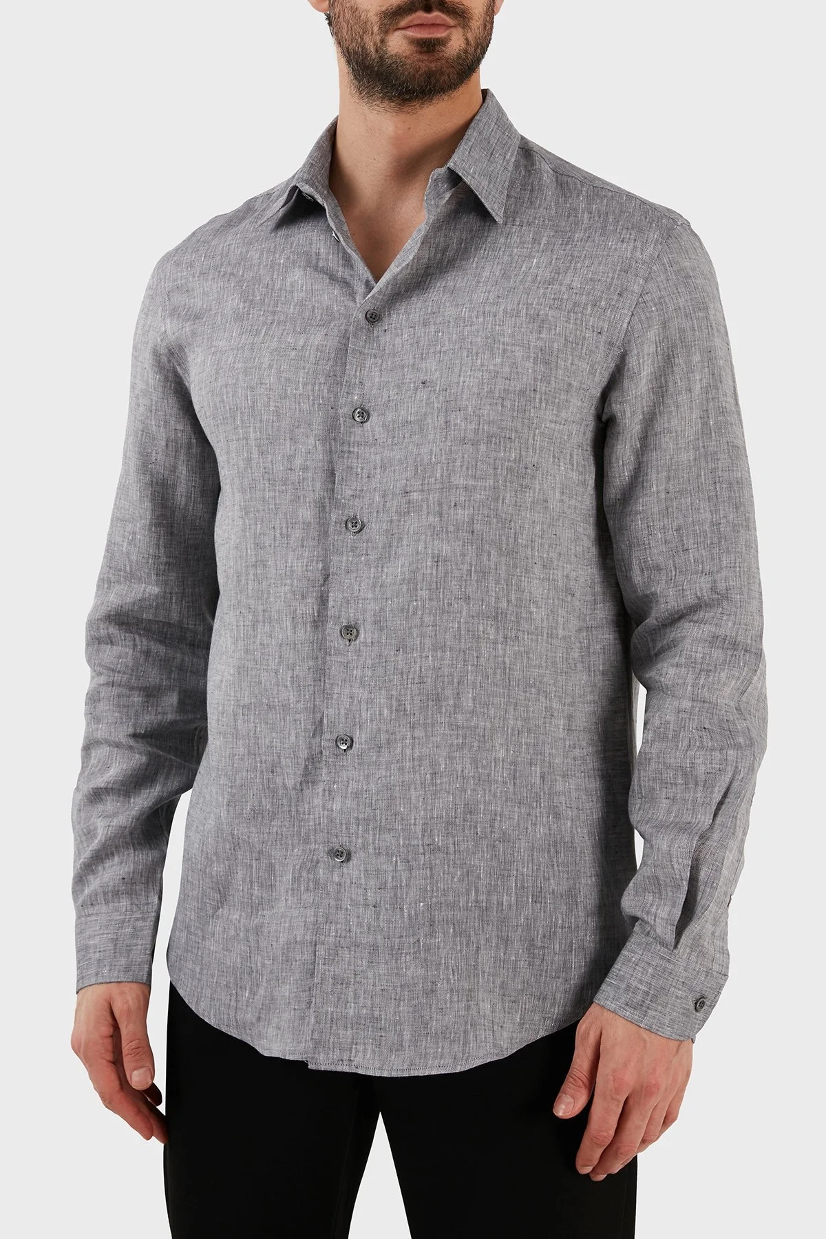 Emporio Armani Regular Fit Uzun Kollu Keten Erkek Gömlek D41SM0 D10F9 611 GRİ - 1