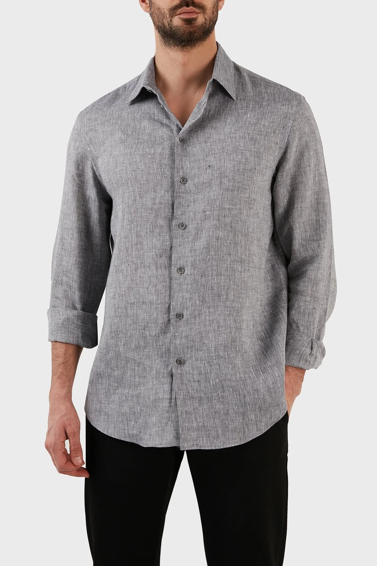 Emporio Armani Regular Fit Uzun Kollu Keten Erkek Gömlek D41SM0 D10F9 611 GRİ - 2