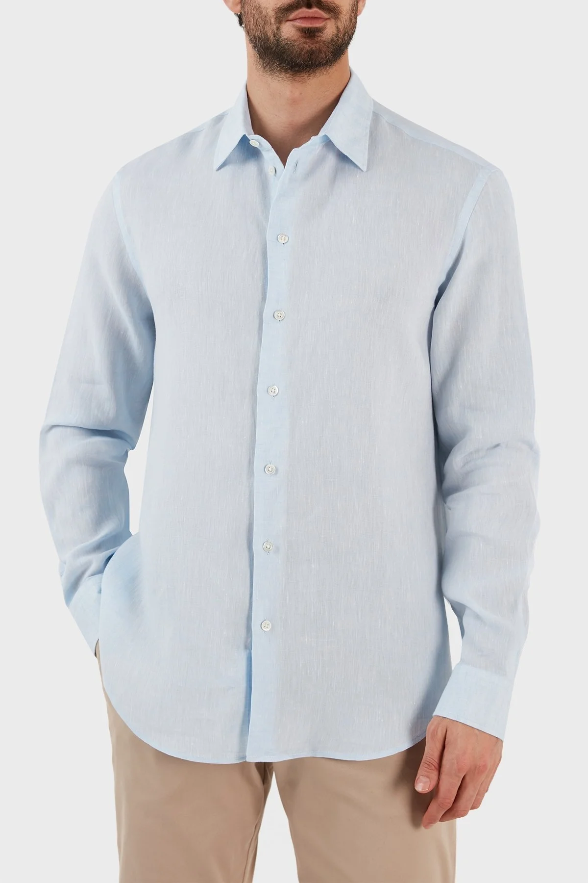 Emporio Armani Regular Fit Uzun Kollu Keten Erkek Gömlek D41SM0 D10F9 700 MAVİ - 1