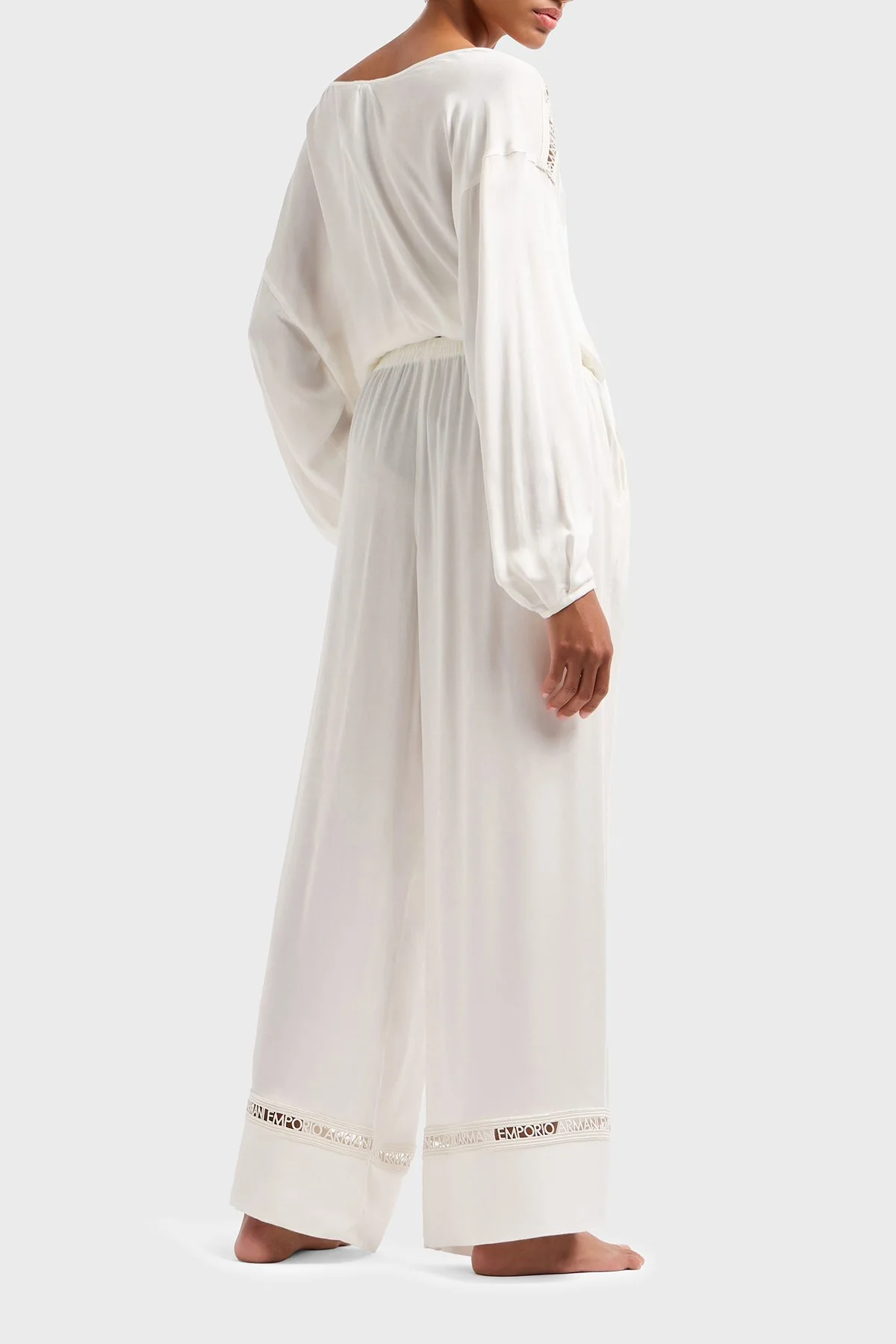 Emporio Armani Relaxed Fit Bol Paça Logo Dantelli Kadın Pantolon EW000790 AF12188 U1131 BEYAZ - 2