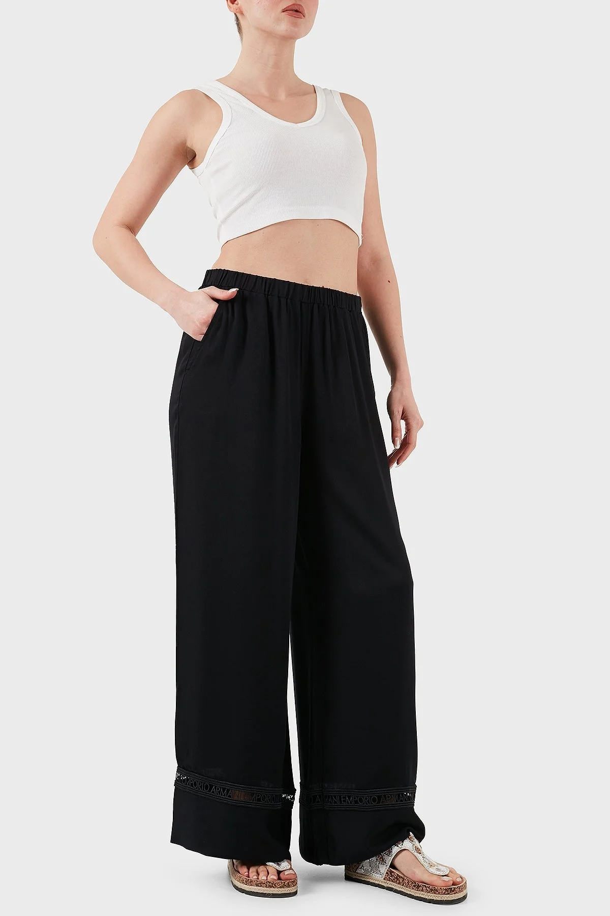 Emporio Armani Relaxed Fit Bol Paça Logo Dantelli Bayan Pantolon EW000790 AF12188 UC001 SİYAH - 1