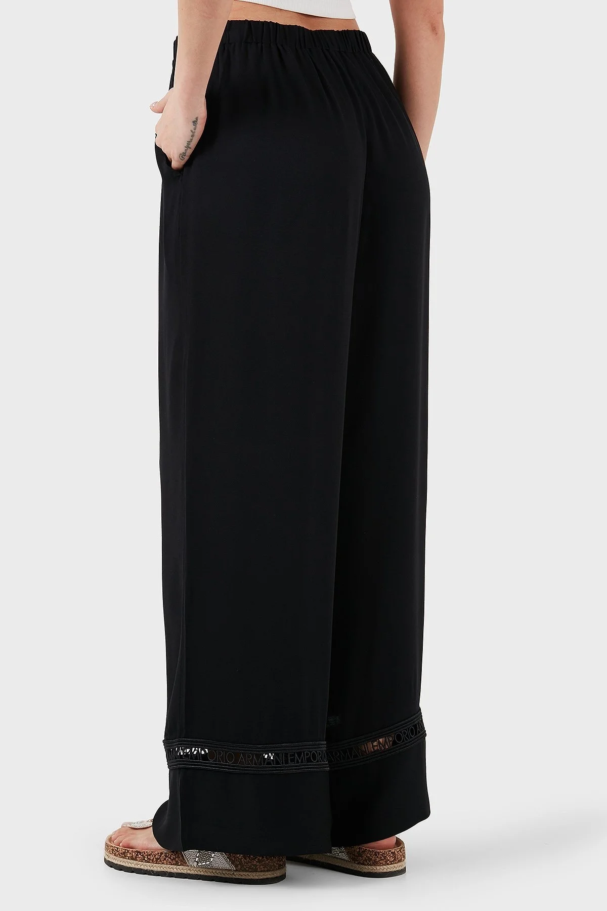 Emporio Armani Relaxed Fit Bol Paça Logo Dantelli Bayan Pantolon EW000790 AF12188 UC001 SİYAH - 2