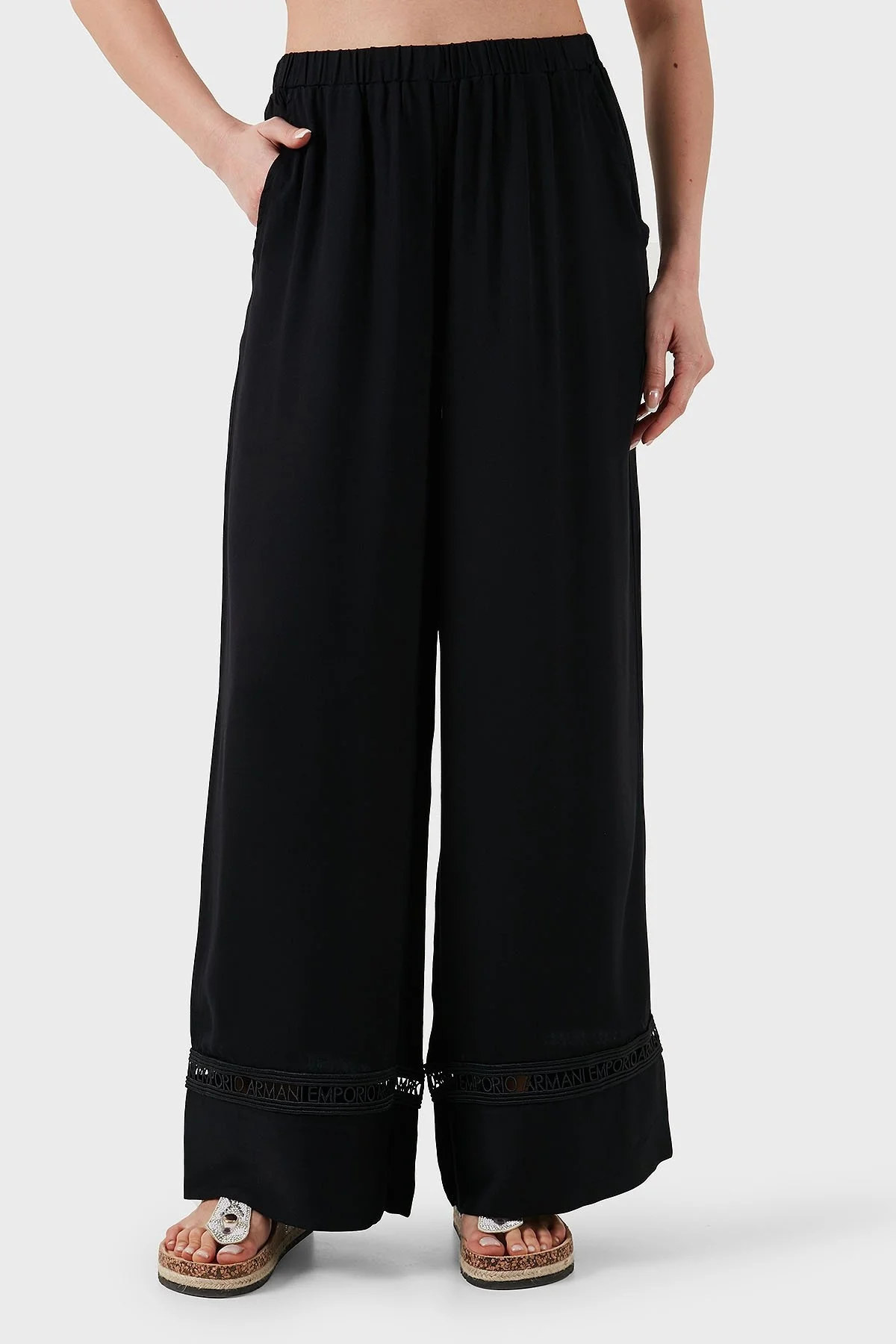 Emporio Armani Relaxed Fit Bol Paça Logo Dantelli Bayan Pantolon EW000790 AF12188 UC001 SİYAH - 3