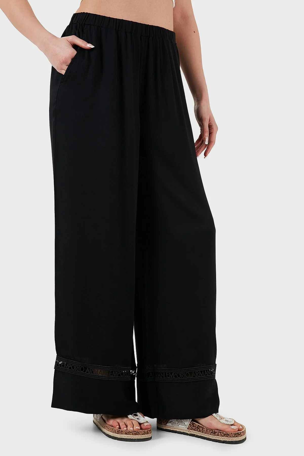 Emporio Armani Relaxed Fit Bol Paça Logo Dantelli Bayan Pantolon EW000790 AF12188 UC001 SİYAH - 4