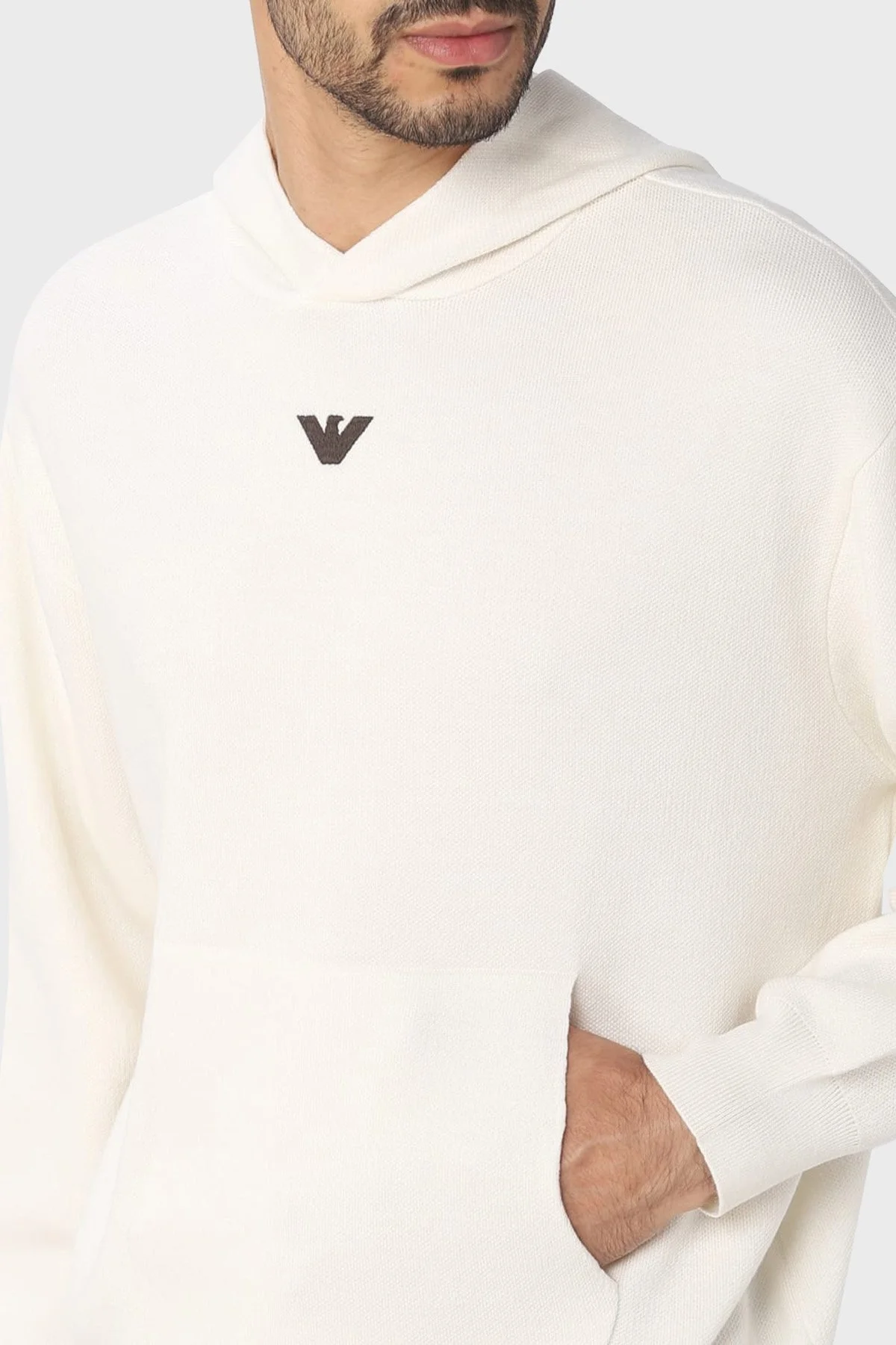 Emporio Armani Relaxed Fit Kapüşonlu Kanguru Cepli Yün Karışımlı Triko Erkek Sweat 6R1MX7 1MNBZ F1F4 EKRU - 6