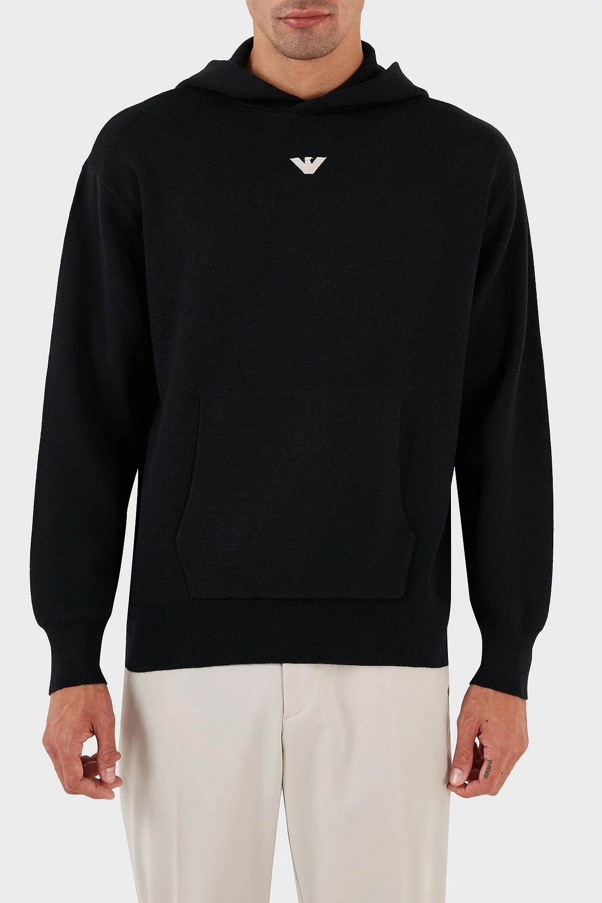 Emporio Armani Relaxed Fit Kapüşonlu Kanguru Cepli Yün Karışımlı Triko Erkek Sweat 6R1MX7 1MNBZ F904 LACİVERT - 1