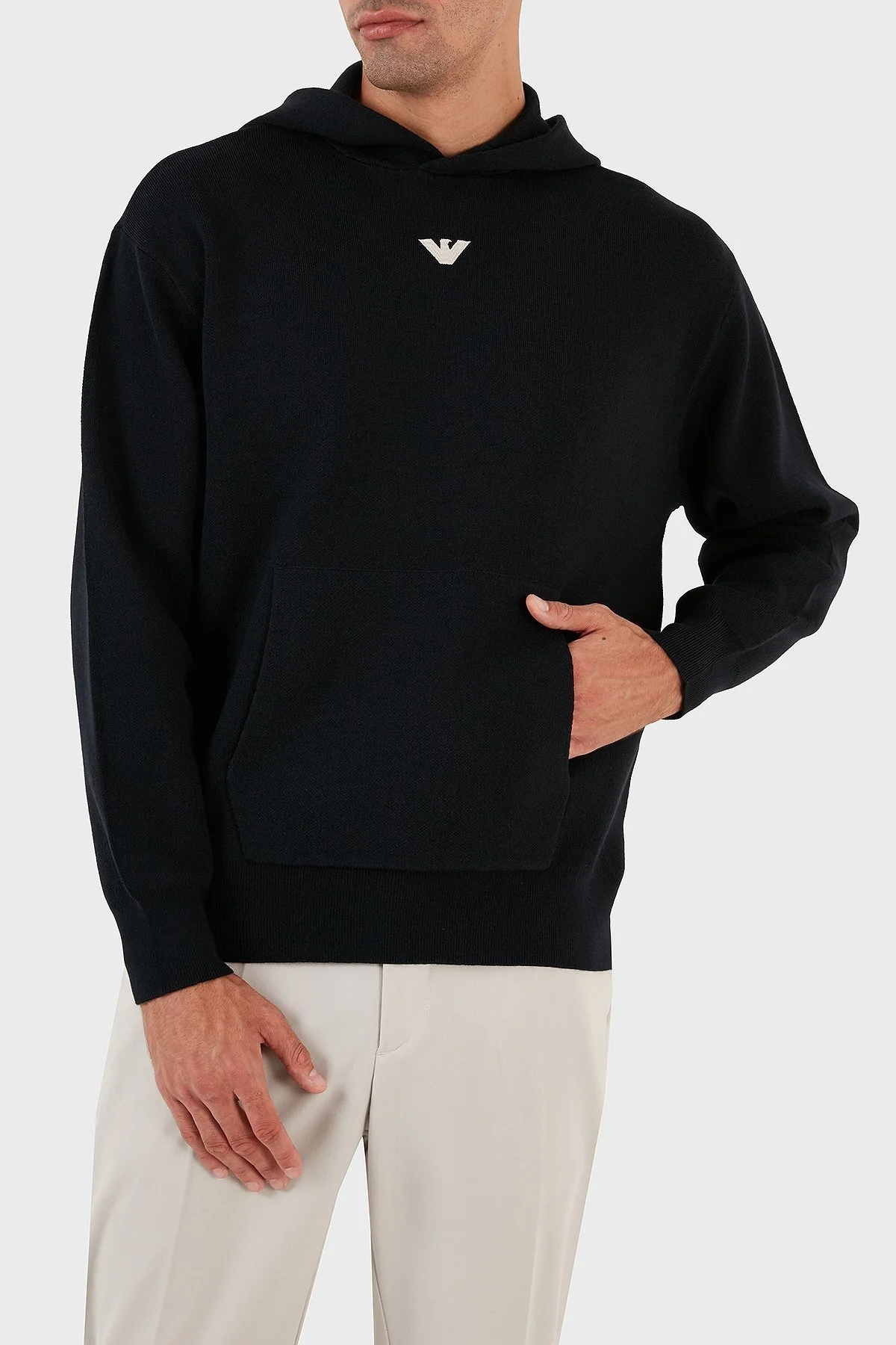 Emporio Armani Relaxed Fit Kapüşonlu Kanguru Cepli Yün Karışımlı Triko Erkek Sweat 6R1MX7 1MNBZ F904 LACİVERT - 2