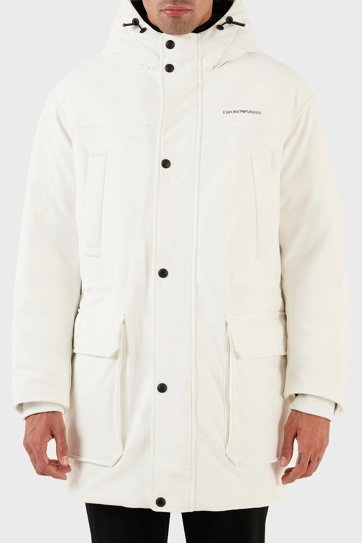 Emporio Armani Relaxed Fit Konforlu Esnek Kapüşonlu Uzun Erkek Mont 6L1L93 1NNHZ 0101 BEYAZ - 1