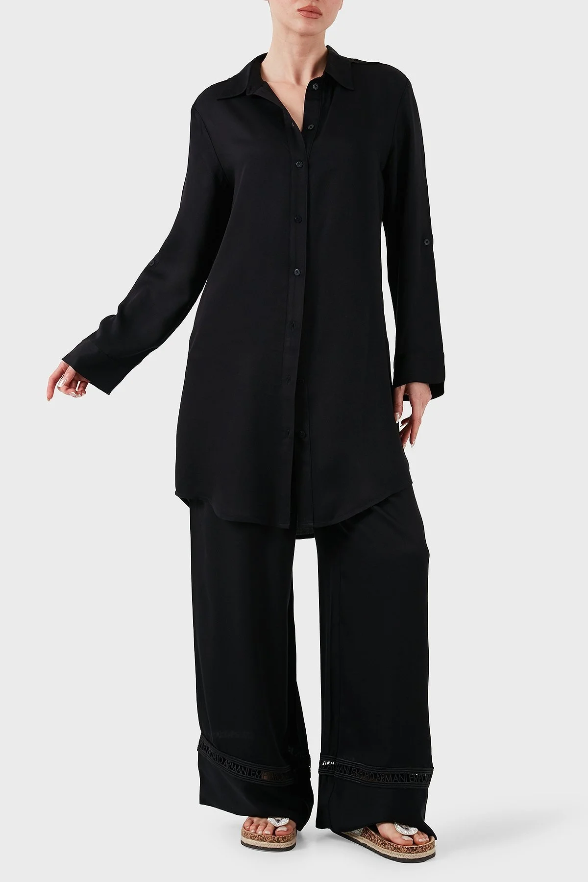 Emporio Armani Relaxed Fit Logolu Dantel Detaylı Kısa Bayan Gömlek Elbise EW000568 AF12188 UC001 SİYAH - 2