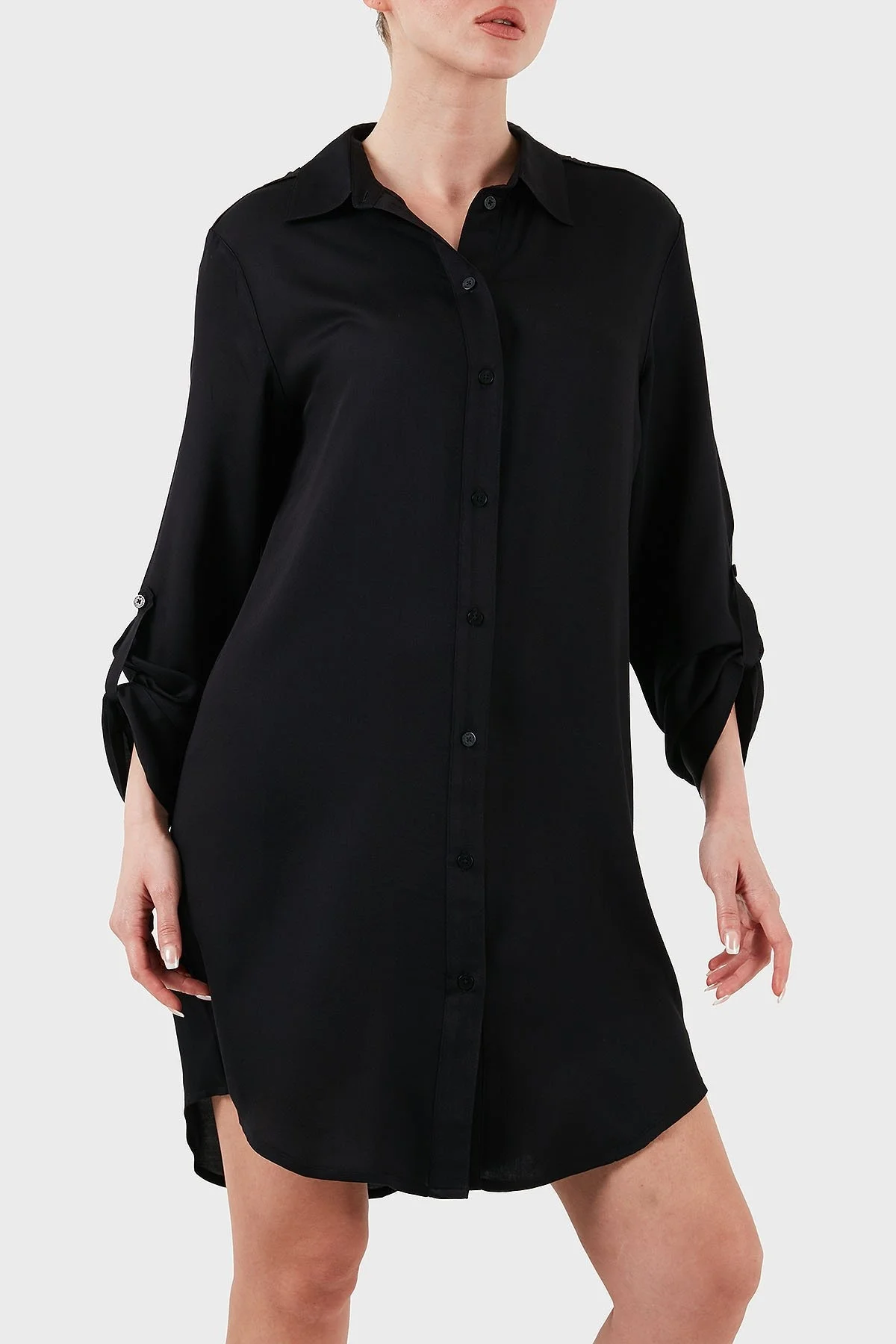 Emporio Armani Relaxed Fit Logolu Dantel Detaylı Kısa Bayan Gömlek Elbise EW000568 AF12188 UC001 SİYAH - 6