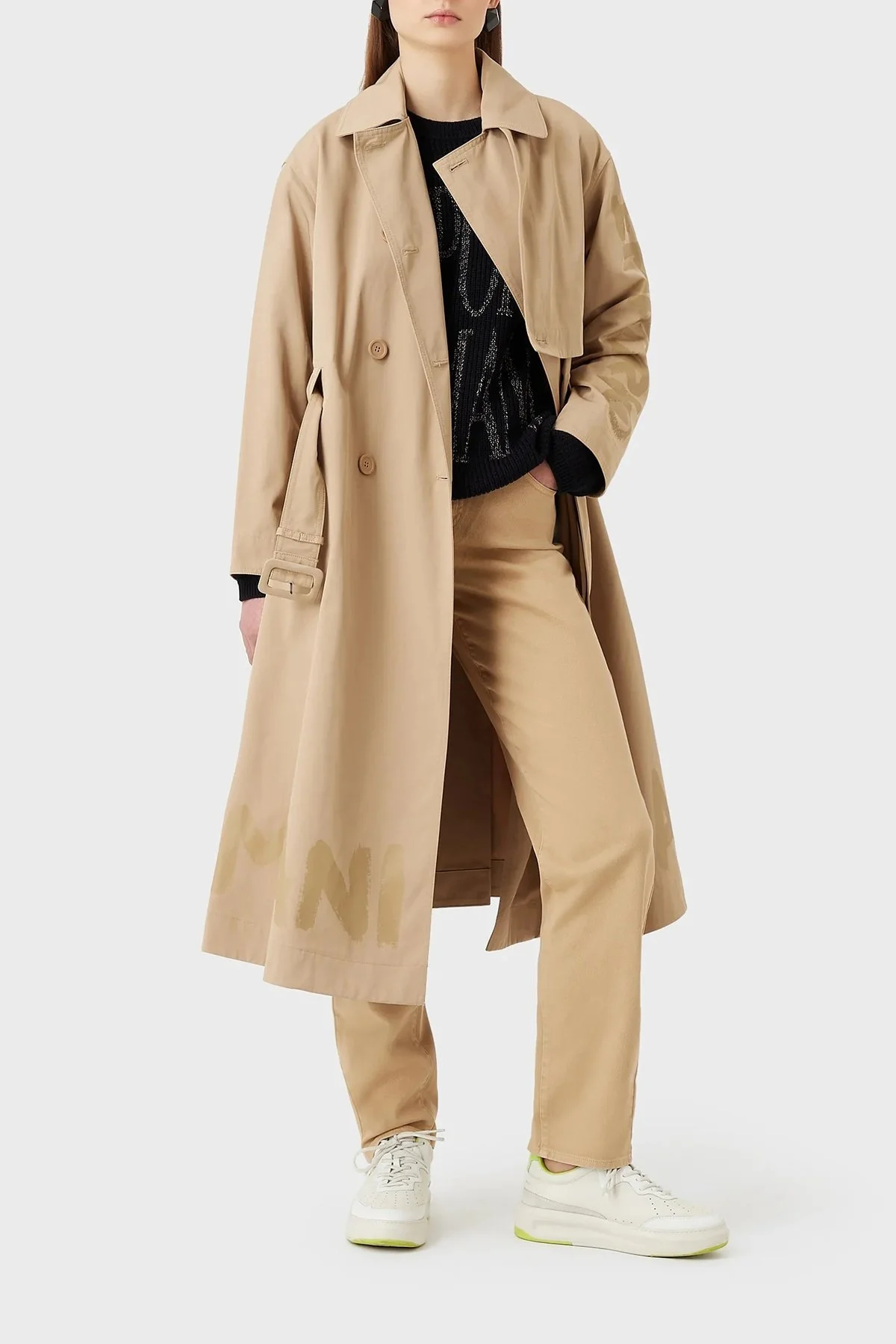 Emporio Armani Relaxed Fit Su İtici Nefes Alabilir Kemerli Uzun Bayan Trençkot 3R2L73 2NHYZ 0132 BEJ - 3