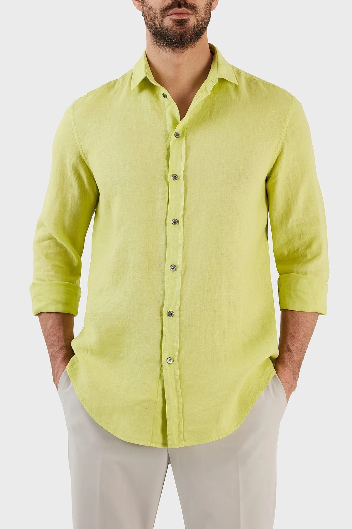 Emporio Armani Relaxed Fit Uzun Kollu Keten Erkek Gömlek D41SMD D10F1 517 FISTIK YEŞİL - 2