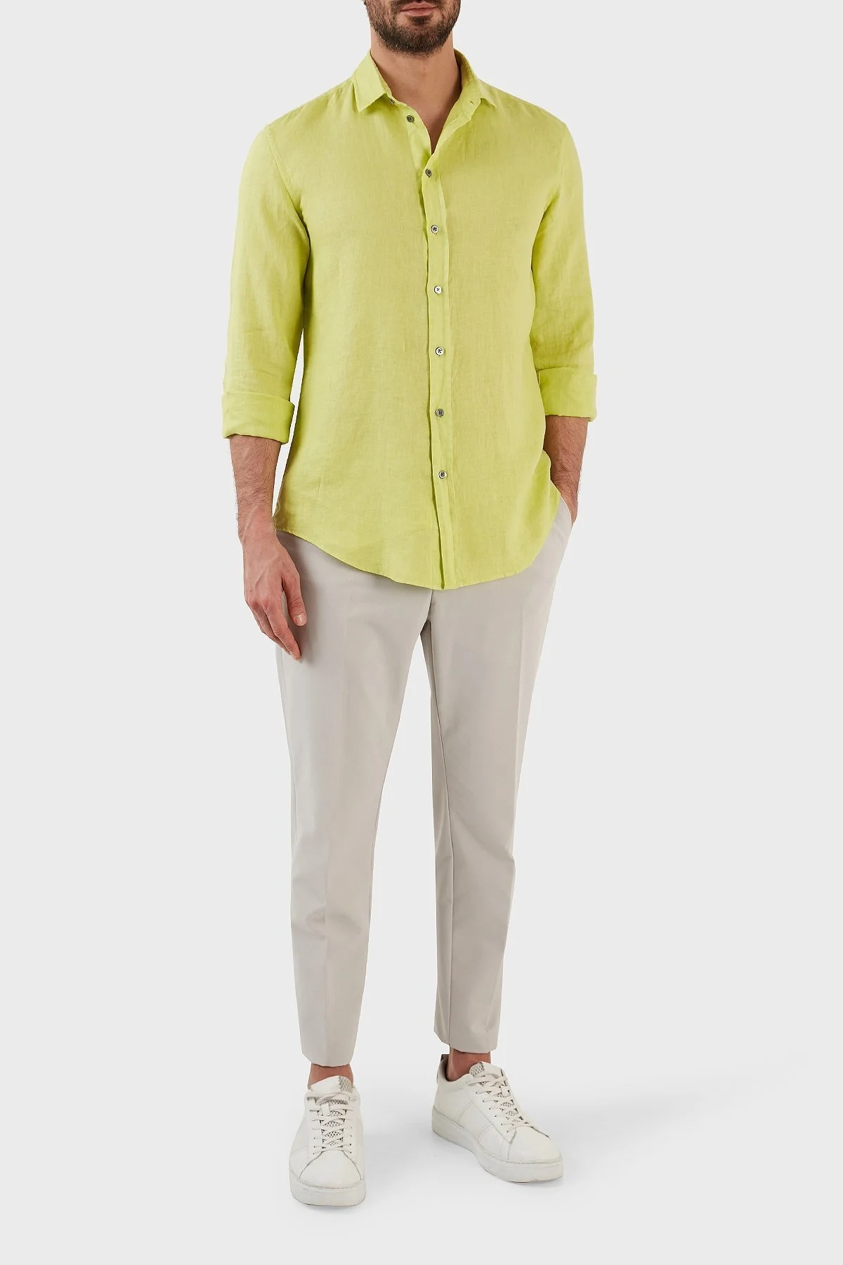 Emporio Armani Relaxed Fit Uzun Kollu Keten Erkek Gömlek D41SMD D10F1 517 FISTIK YEŞİL - 3