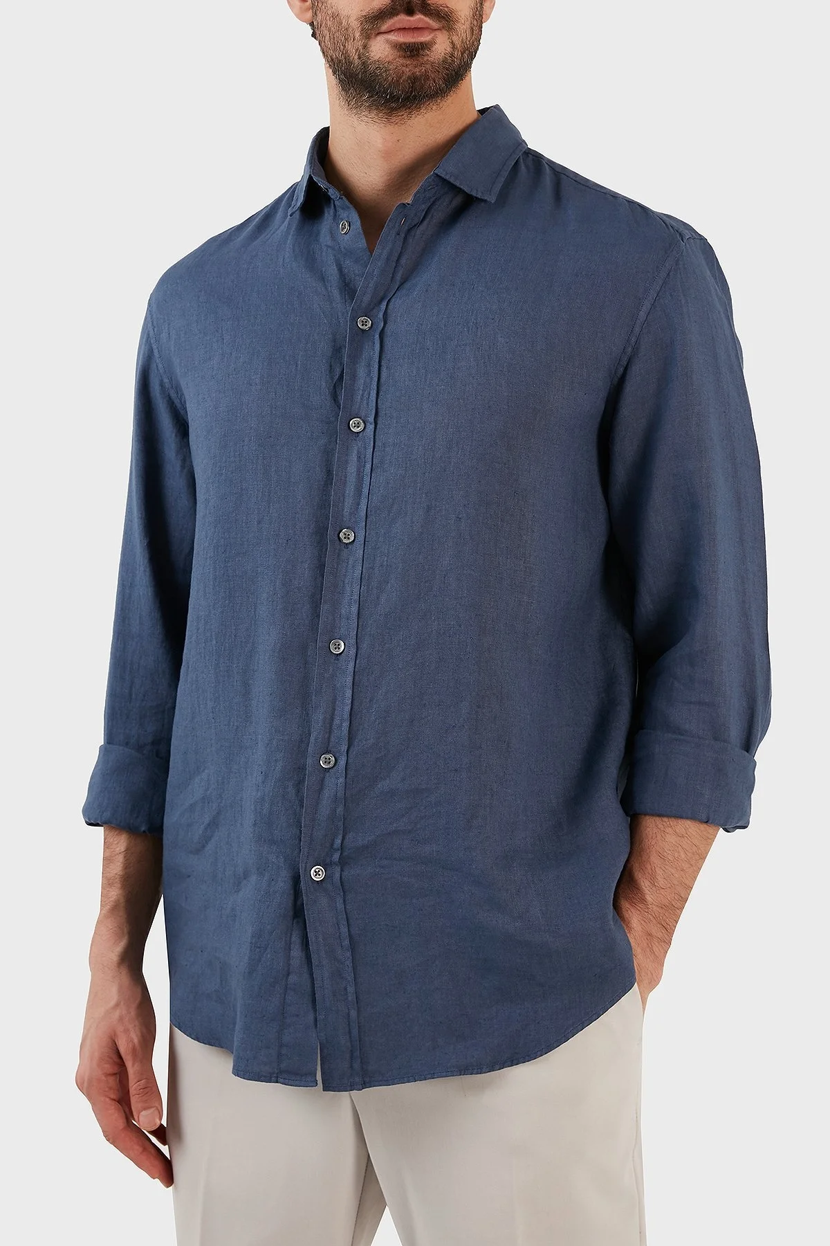 Emporio Armani Relaxed Fit Uzun Kollu Keten Erkek Gömlek D41SMD D10F1 920 LACİVERT - 3