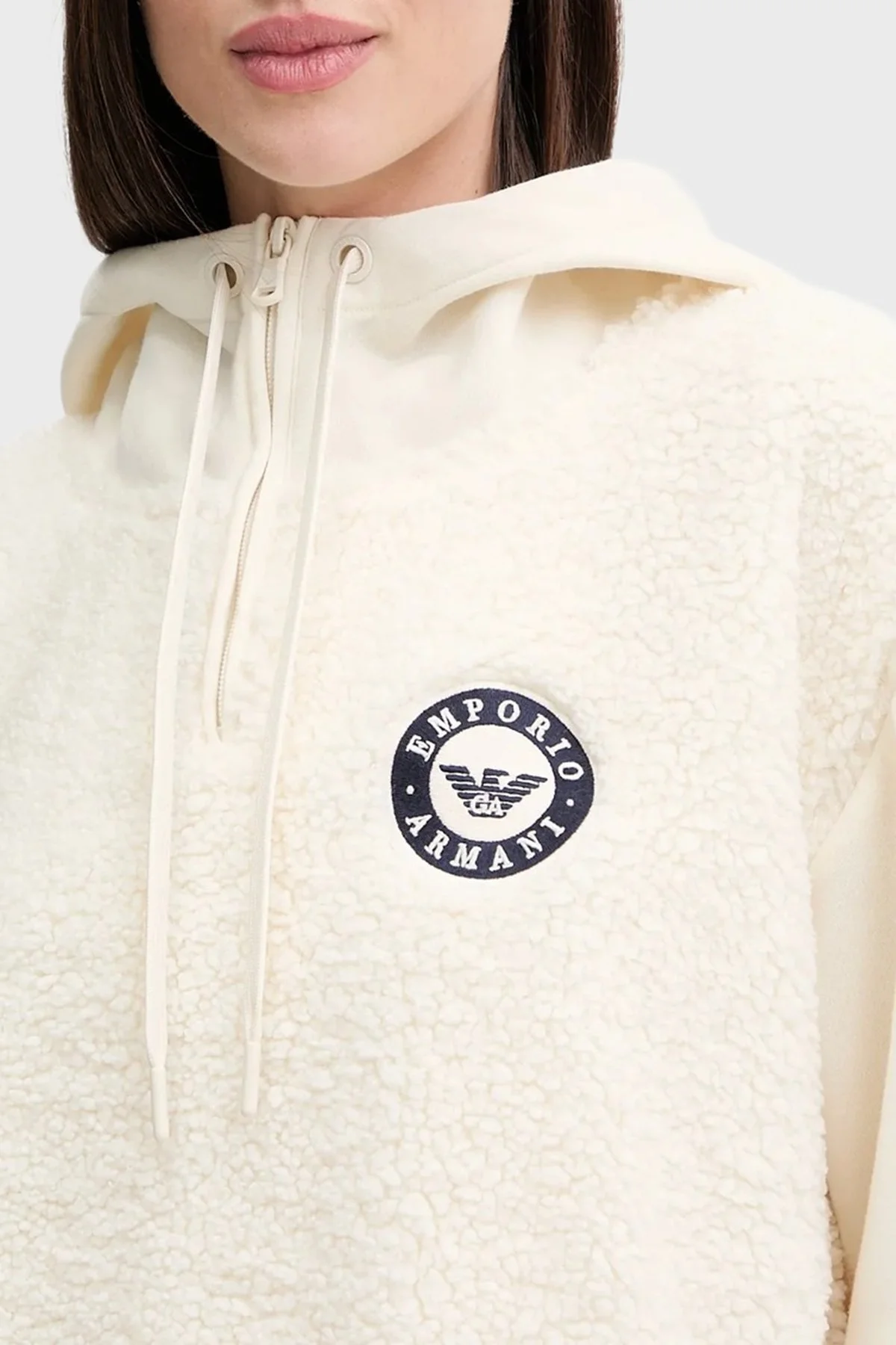 Emporio Armani Relaxed Fit Yarım Fermuarlı Kapüşonlu Logolu Bayan Sweat EW001937 AF15363 U1054 EKRU - 4