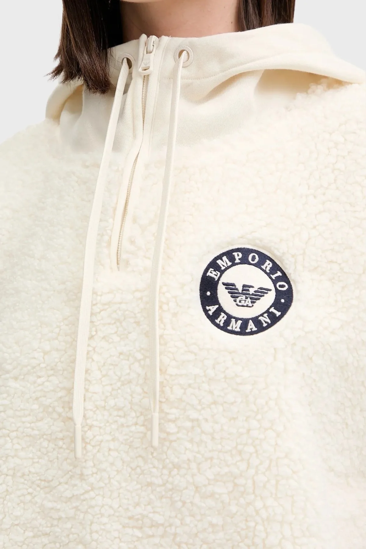 Emporio Armani Relaxed Fit Yarım Fermuarlı Kapüşonlu Logolu Bayan Sweat EW001937 AF15363 U1054 EKRU - 5